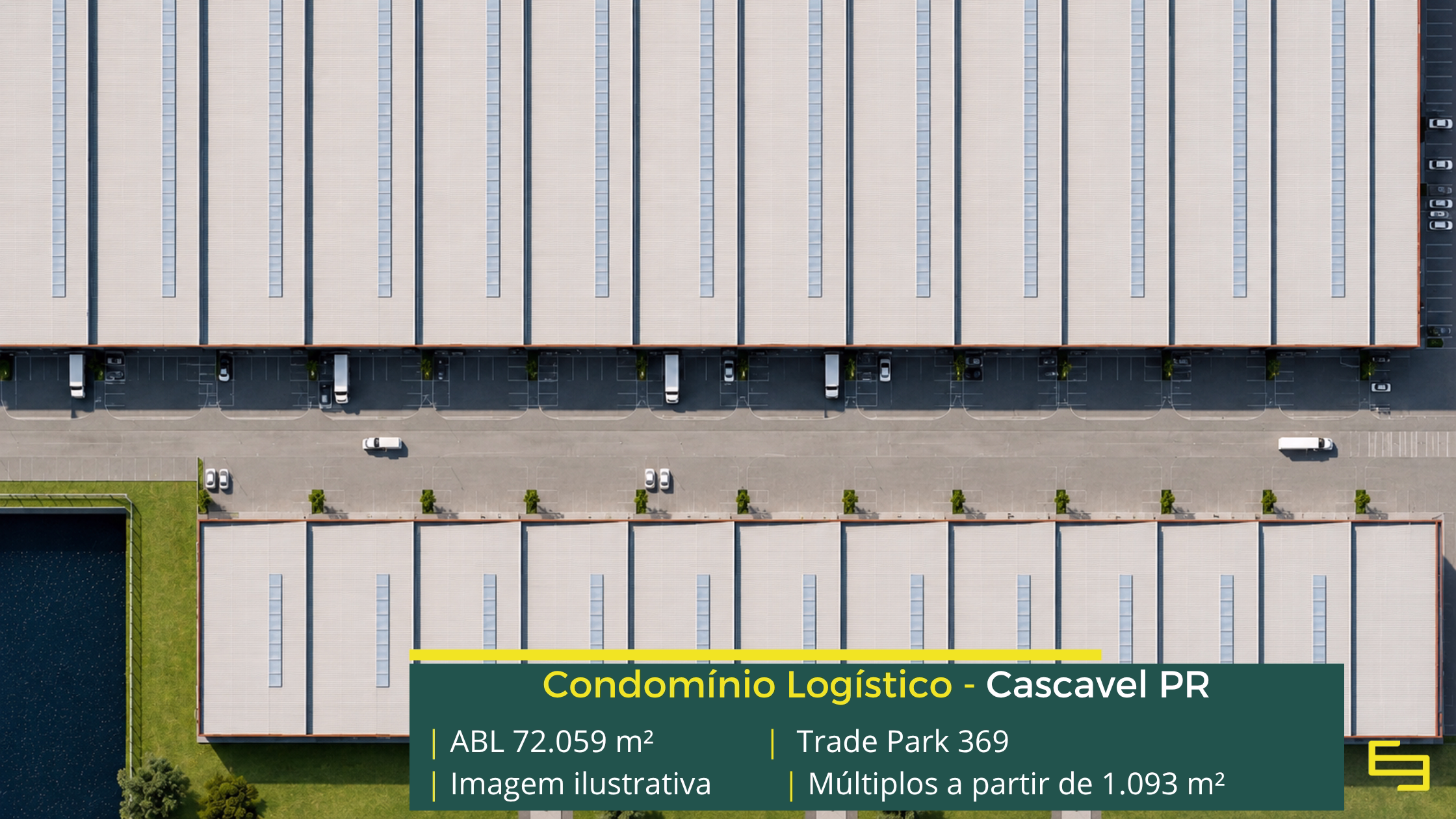 Galpão Trade Park 369 Cascavel com 72.059 m² de ABL, módulos a partir de 1.093 m², piso de 6 t/m², cross docking e 2 docas por galpão.