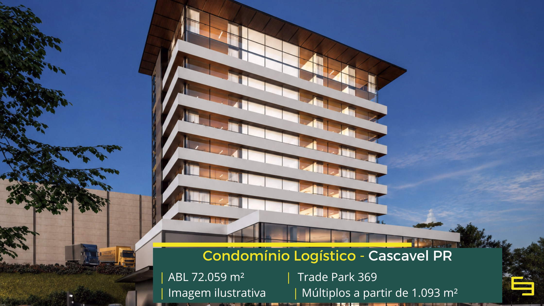 Galpão Trade Park 369 Cascavel com 72.059 m² de ABL, módulos a partir de 1.093 m², piso de 6 t/m², cross docking e 2 docas por galpão.