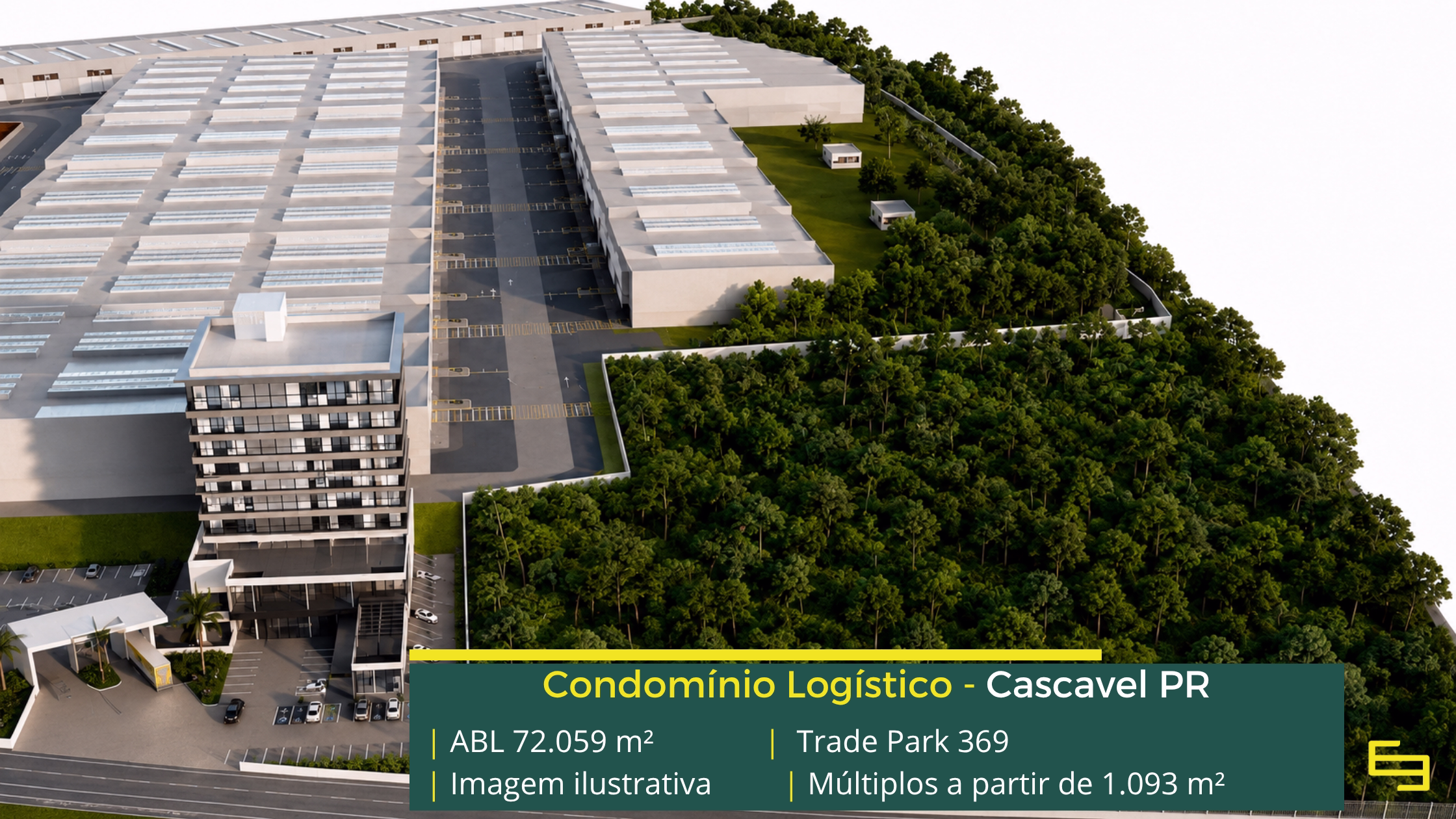 Galpão Trade Park 369 Cascavel com 72.059 m² de ABL, módulos a partir de 1.093 m², piso de 6 t/m², cross docking e 2 docas por galpão.