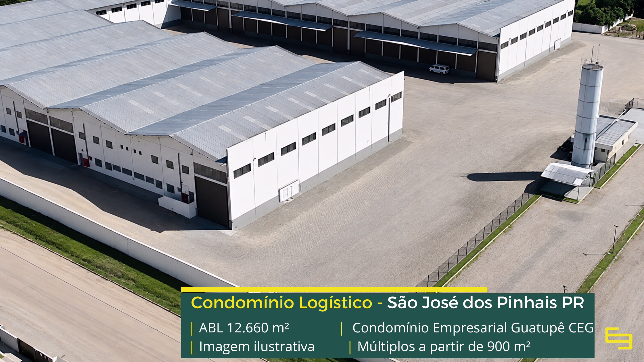 Galpão para alugar em São José dos Pinhais PR Condomínio Empresarial Guatupê CEG com galpões a partir de 900 m², pé-direito de 8 m, piso para 6 t/m², docas e amplos pátios de manobra.