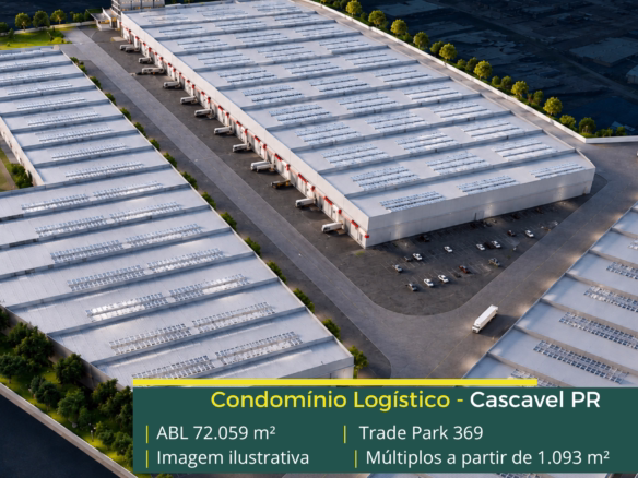 Galpão Trade Park 369 Cascavel com 72.059 m² de ABL, módulos a partir de 1.093 m², piso de 6 t/m², cross docking e 2 docas por galpão.