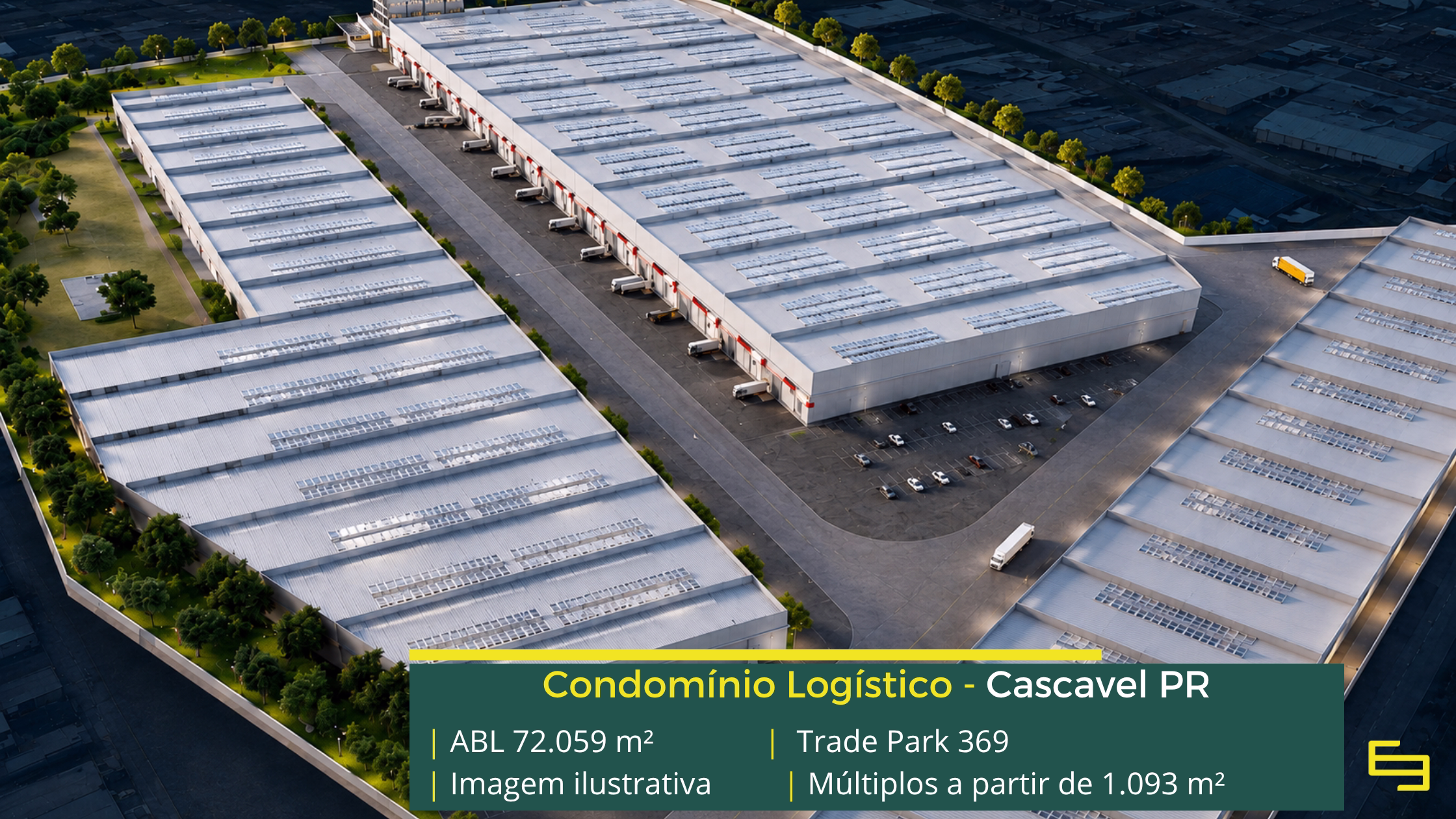 Galpão Trade Park 369 Cascavel com 72.059 m² de ABL, módulos a partir de 1.093 m², piso de 6 t/m², cross docking e 2 docas por galpão.