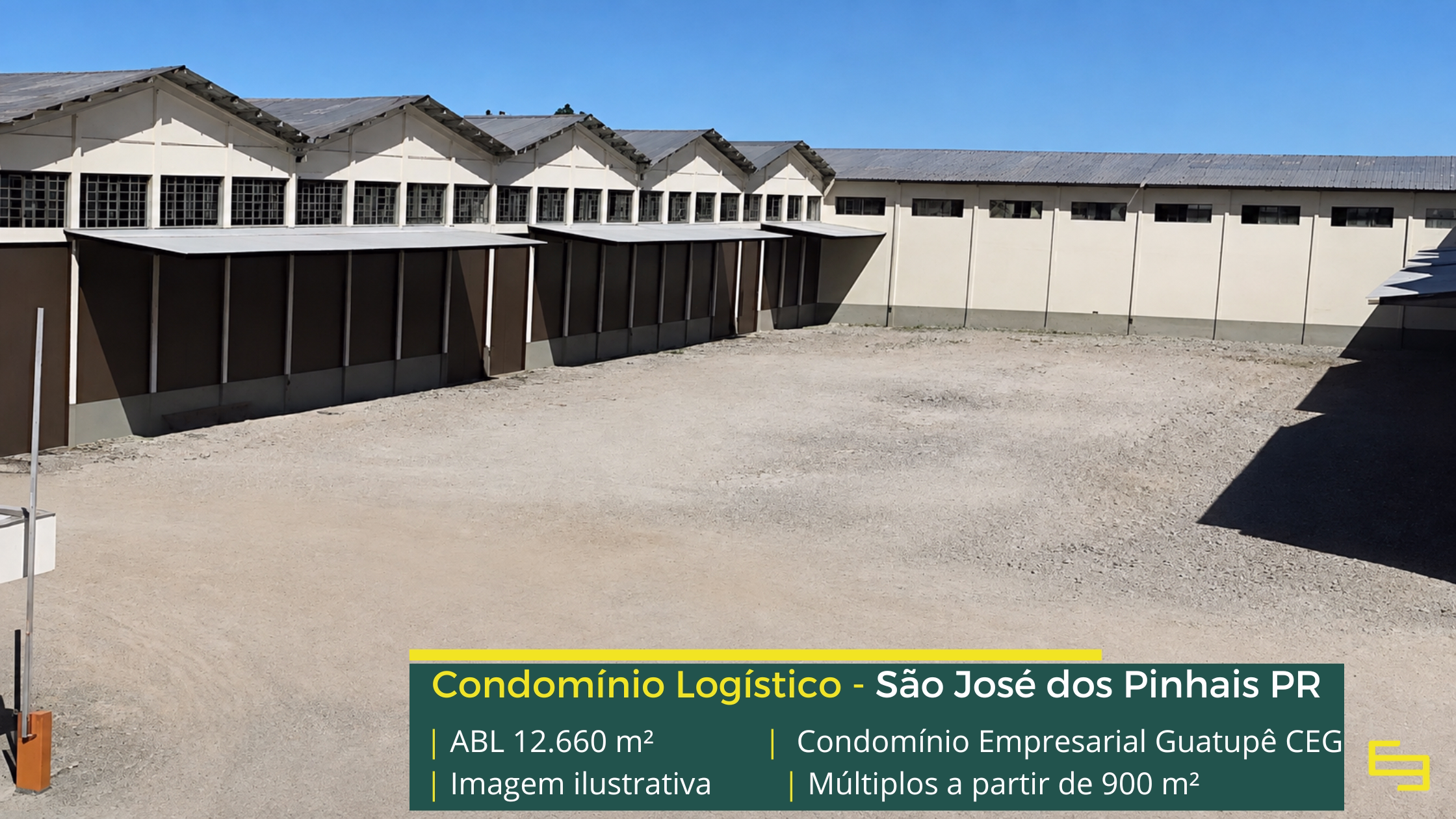 Galpão para alugar em São José dos Pinhais PR Condomínio Empresarial Guatupê CEG com galpões a partir de 900 m², pé-direito de 8 m, piso para 6 t/m², docas e amplos pátios de manobra.
