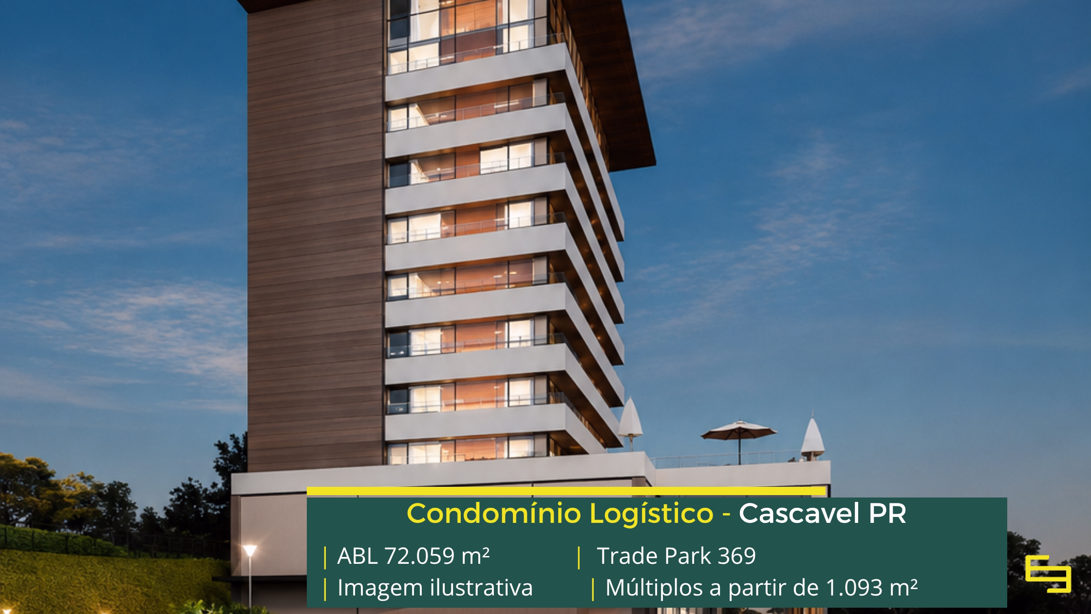 Galpão Trade Park 369 Cascavel com 72.059 m² de ABL, módulos a partir de 1.093 m², piso de 6 t/m², cross docking e 2 docas por galpão.