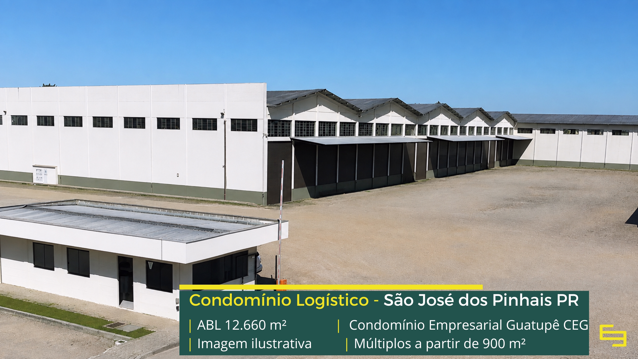 Galpão para alugar em São José dos Pinhais PR Condomínio Empresarial Guatupê CEG com galpões a partir de 900 m², pé-direito de 8 m, piso para 6 t/m², docas e amplos pátios de manobra.