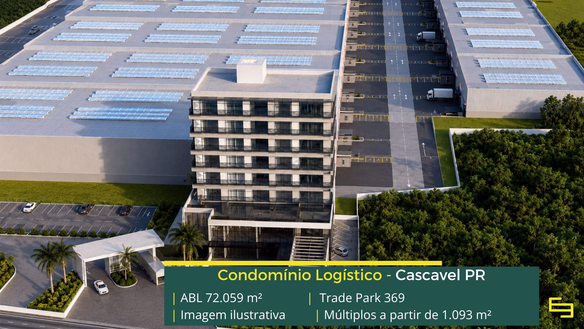 Galpão Trade Park 369 Cascavel com 72.059 m² de ABL, módulos a partir de 1.093 m², piso de 6 t/m², cross docking e 2 docas por galpão.
