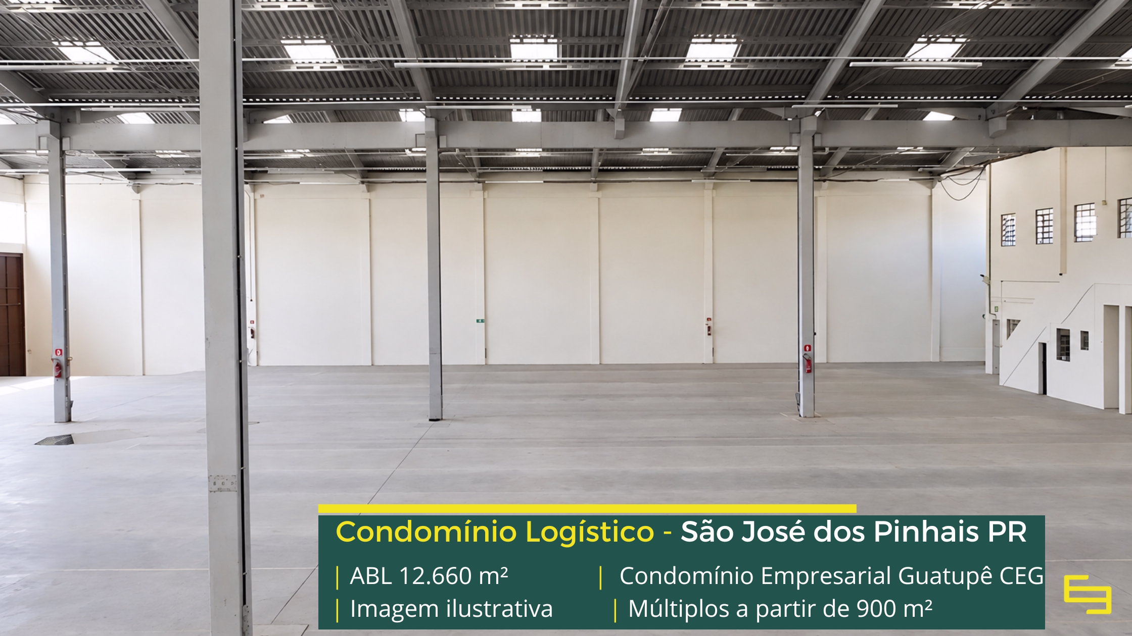 Galpão para alugar em São José dos Pinhais PR Condomínio Empresarial Guatupê CEG com galpões a partir de 900 m², pé-direito de 8 m, piso para 6 t/m², docas e amplos pátios de manobra.