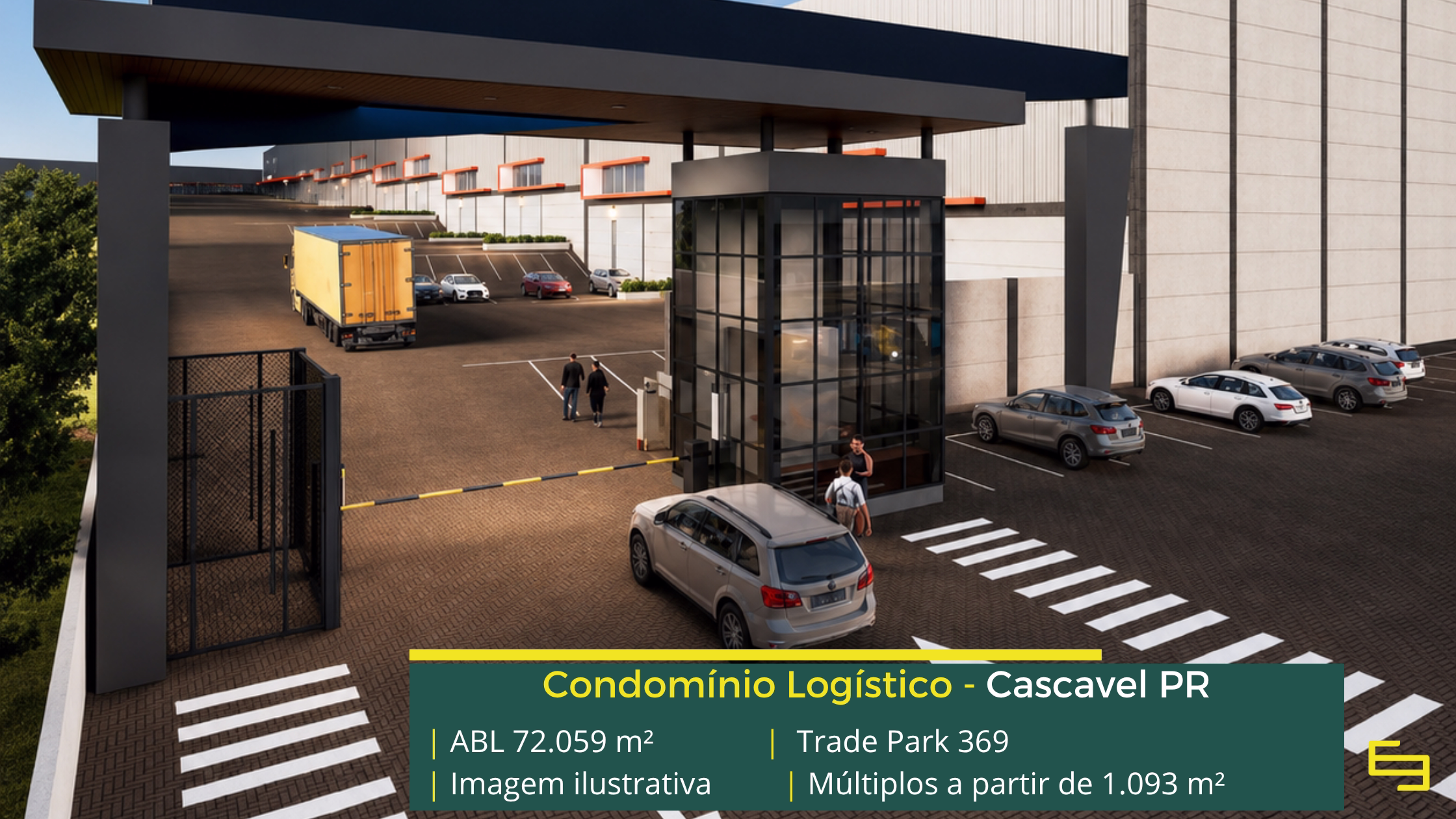 Galpão Trade Park 369 Cascavel com 72.059 m² de ABL, módulos a partir de 1.093 m², piso de 6 t/m², cross docking e 2 docas por galpão.