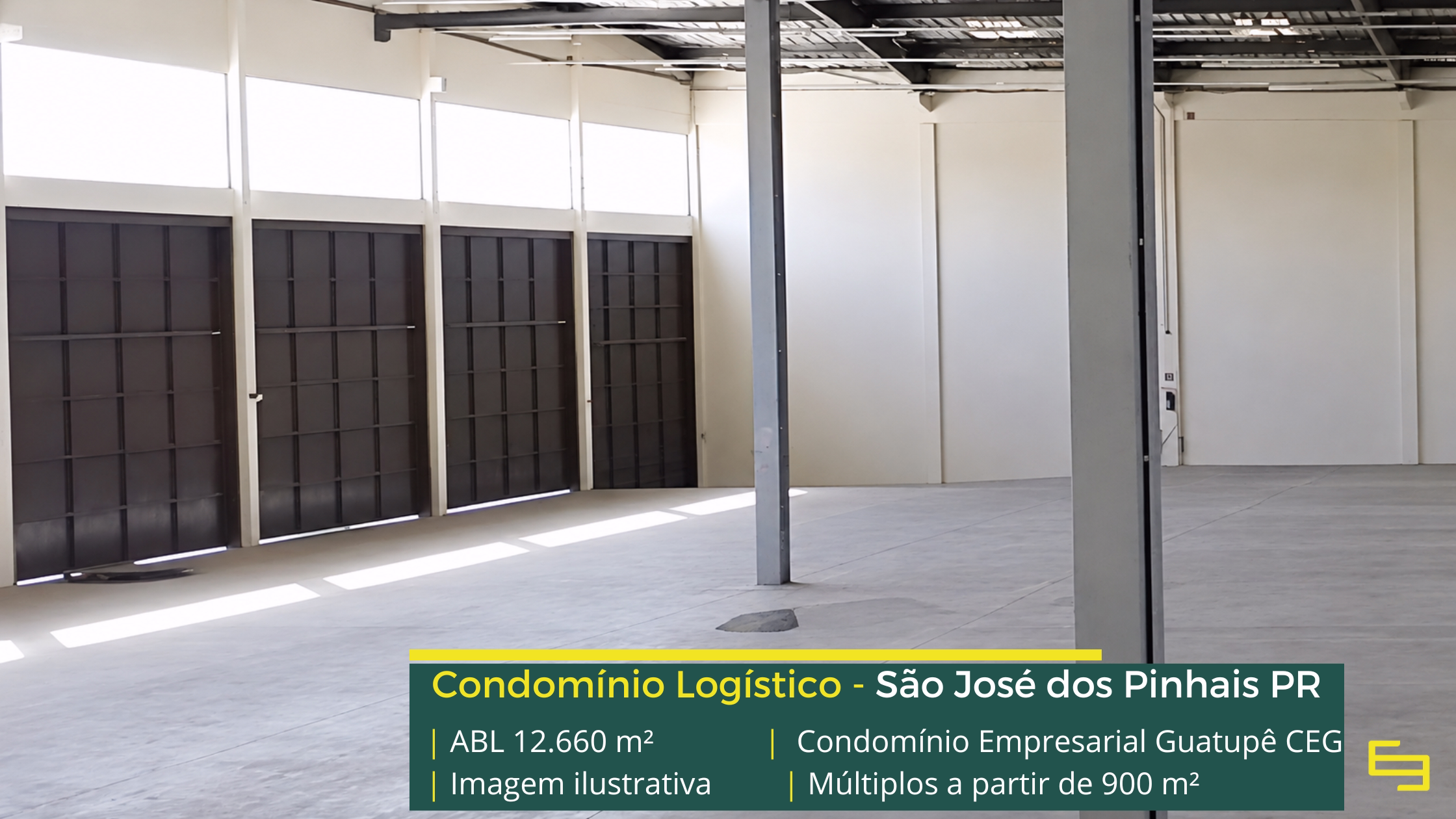 Galpão para alugar em São José dos Pinhais PR Condomínio Empresarial Guatupê CEG com galpões a partir de 900 m², pé-direito de 8 m, piso para 6 t/m², docas e amplos pátios de manobra.