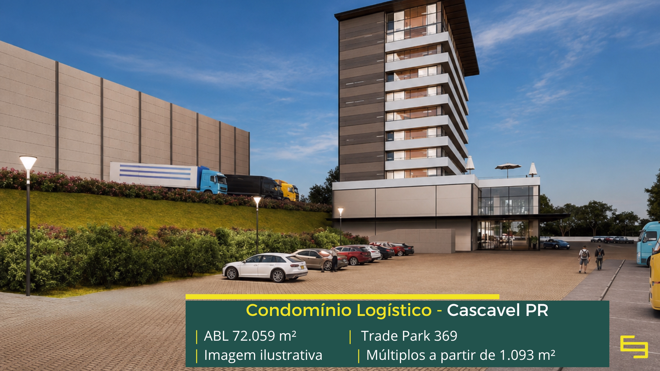 Galpão Trade Park 369 Cascavel com 72.059 m² de ABL, módulos a partir de 1.093 m², piso de 6 t/m², cross docking e 2 docas por galpão.