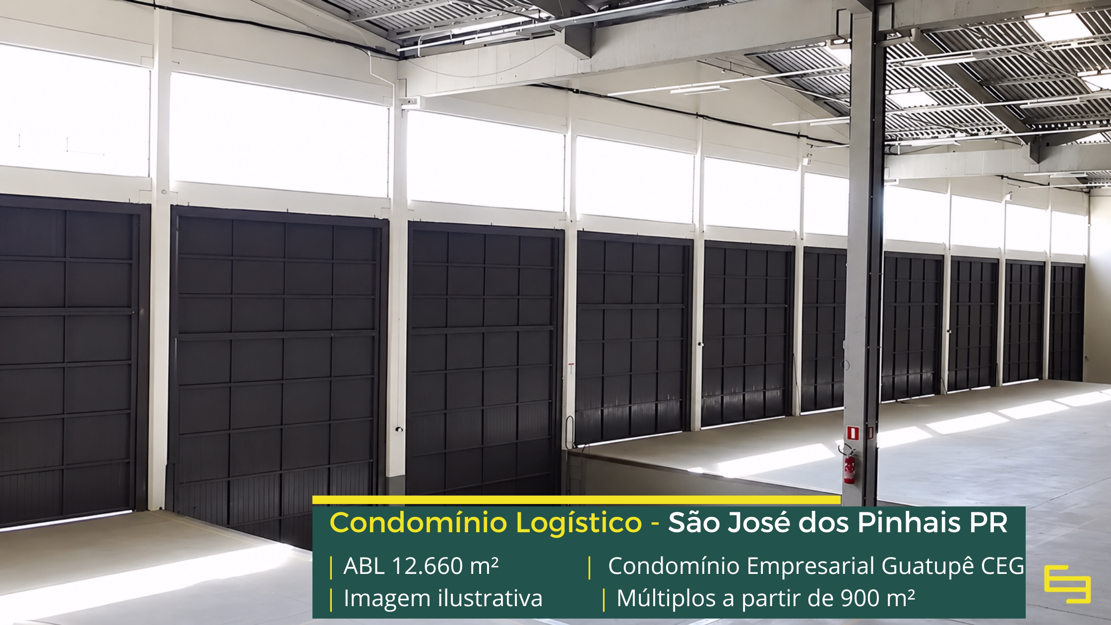 Galpão para alugar em São José dos Pinhais PR Condomínio Empresarial Guatupê CEG com galpões a partir de 900 m², pé-direito de 8 m, piso para 6 t/m², docas e amplos pátios de manobra.