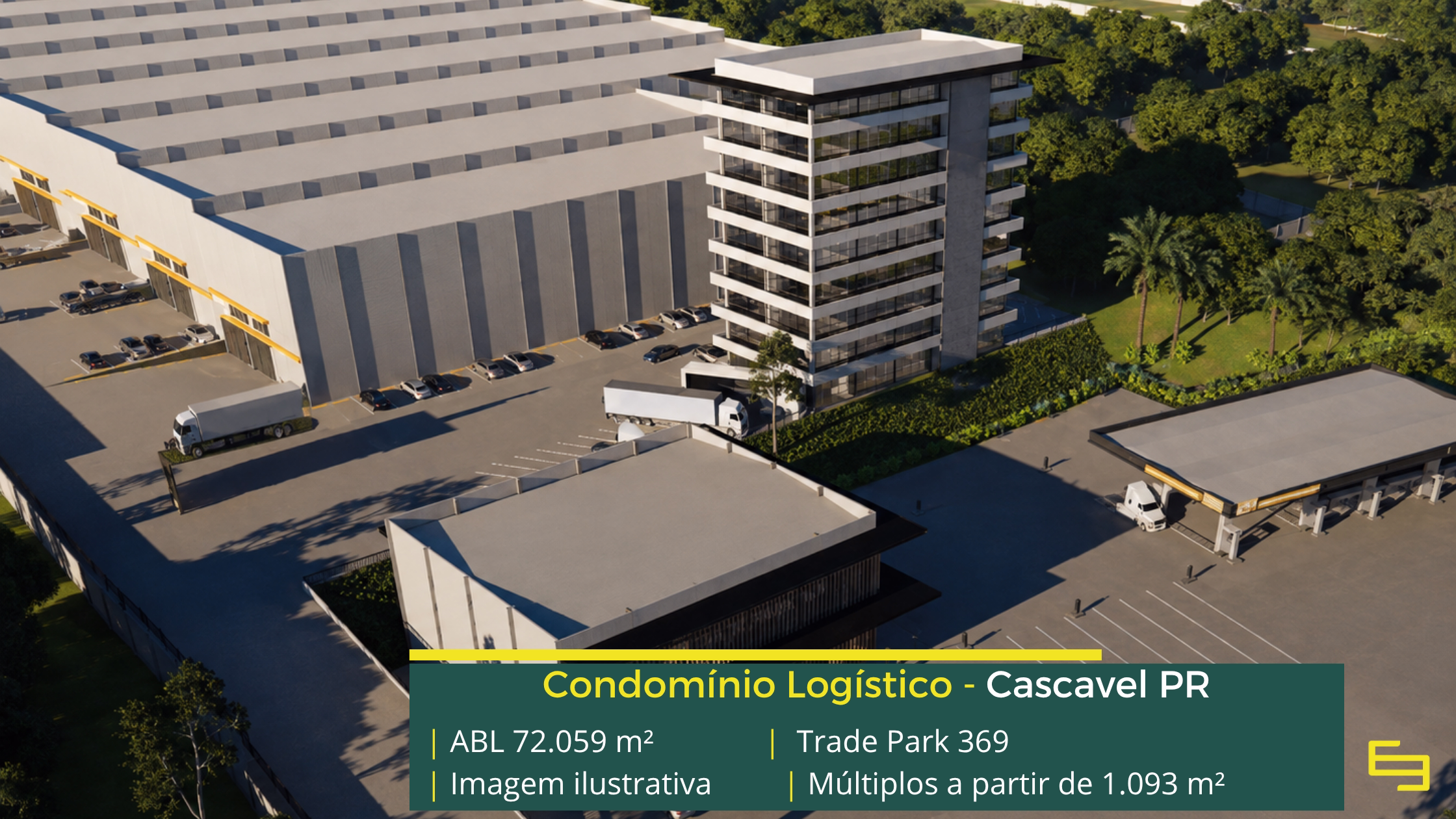 Galpão Trade Park 369 Cascavel com 72.059 m² de ABL, módulos a partir de 1.093 m², piso de 6 t/m², cross docking e 2 docas por galpão.