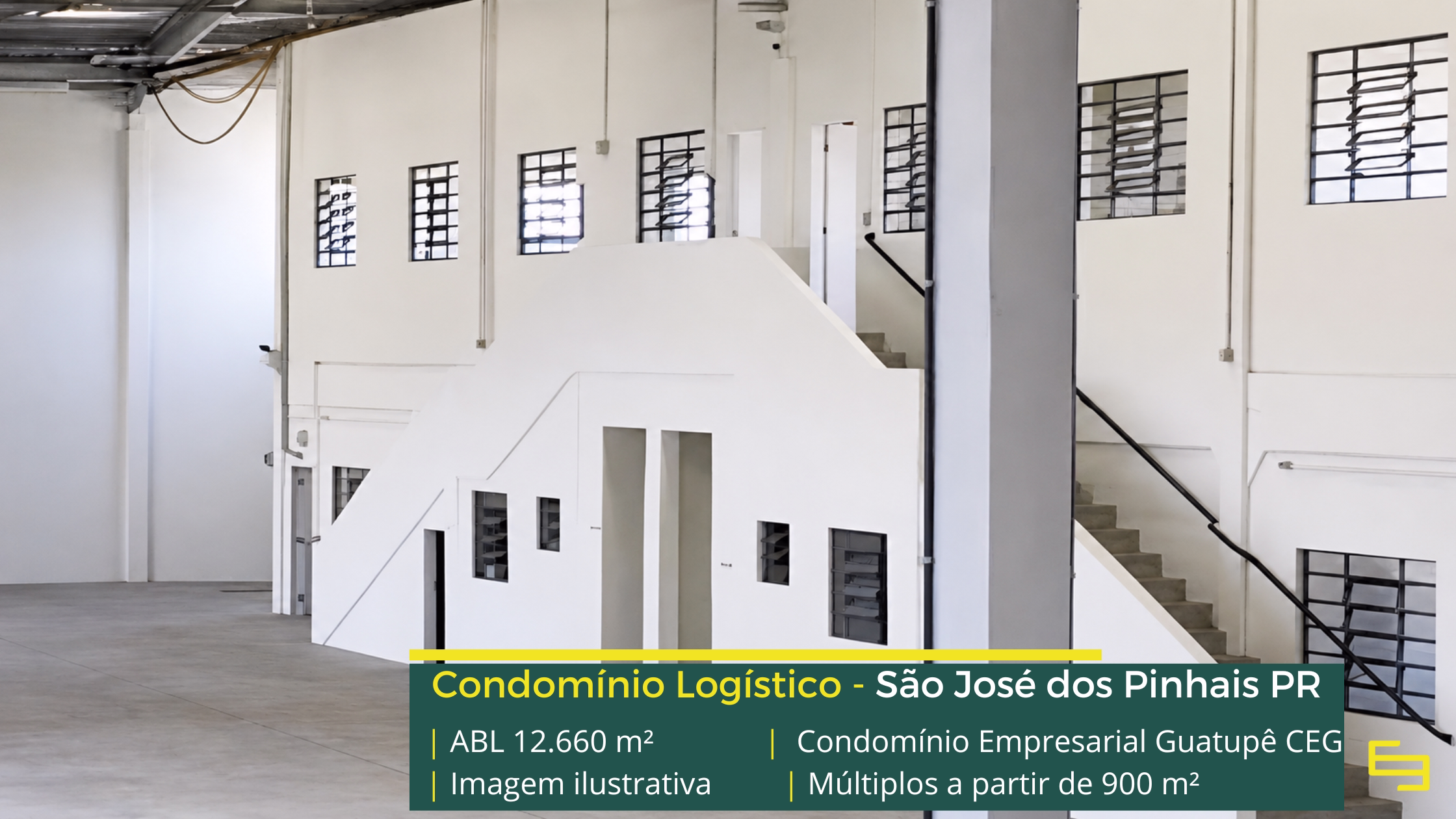 Galpão para alugar em São José dos Pinhais PR Condomínio Empresarial Guatupê CEG com galpões a partir de 900 m², pé-direito de 8 m, piso para 6 t/m², docas e amplos pátios de manobra.