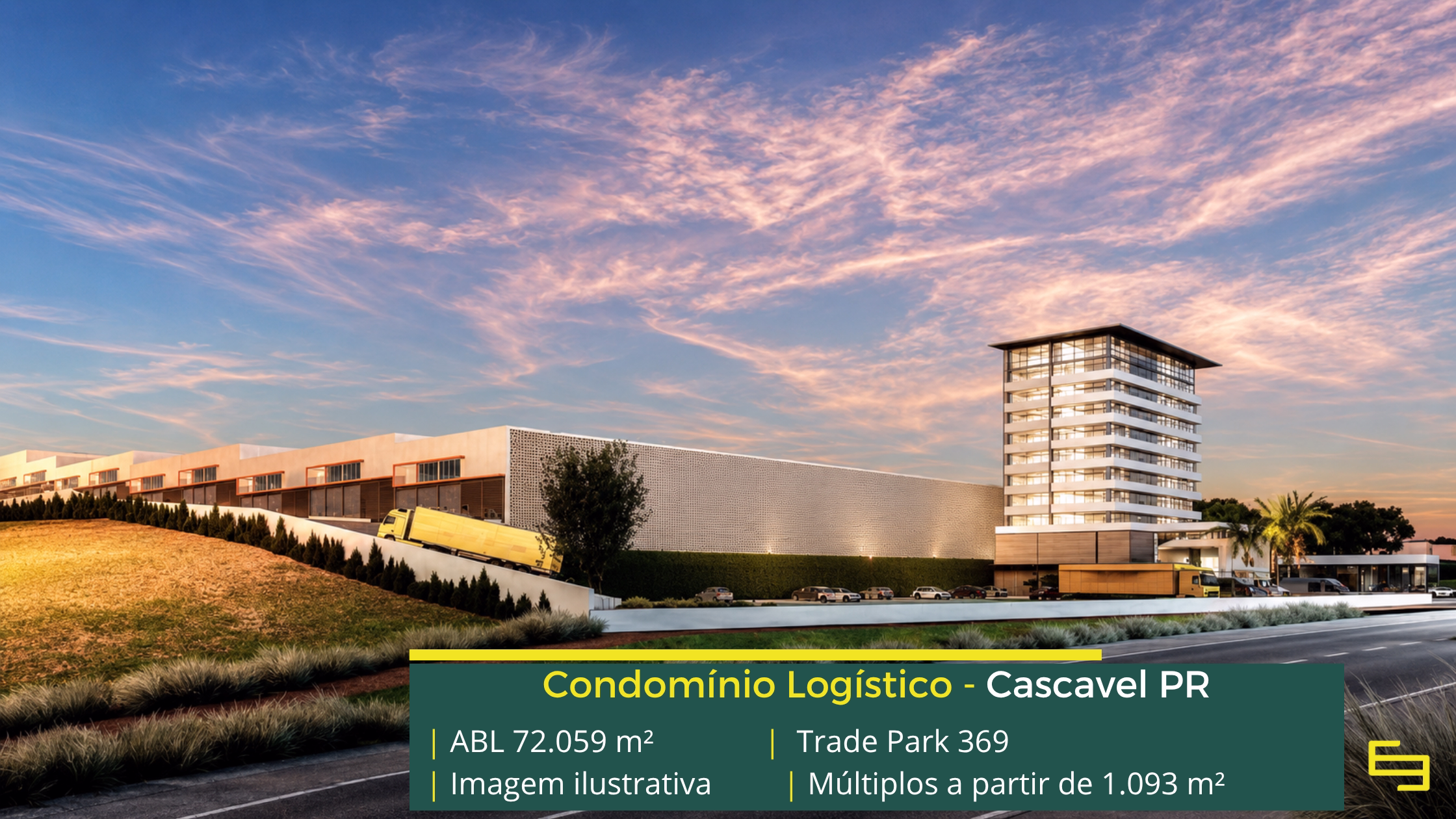 Galpão Trade Park 369 Cascavel com 72.059 m² de ABL, módulos a partir de 1.093 m², piso de 6 t/m², cross docking e 2 docas por galpão.