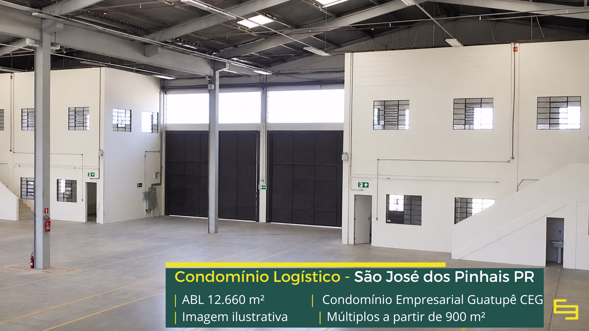 Galpão para alugar em São José dos Pinhais PR Condomínio Empresarial Guatupê CEG com galpões a partir de 900 m², pé-direito de 8 m, piso para 6 t/m², docas e amplos pátios de manobra.