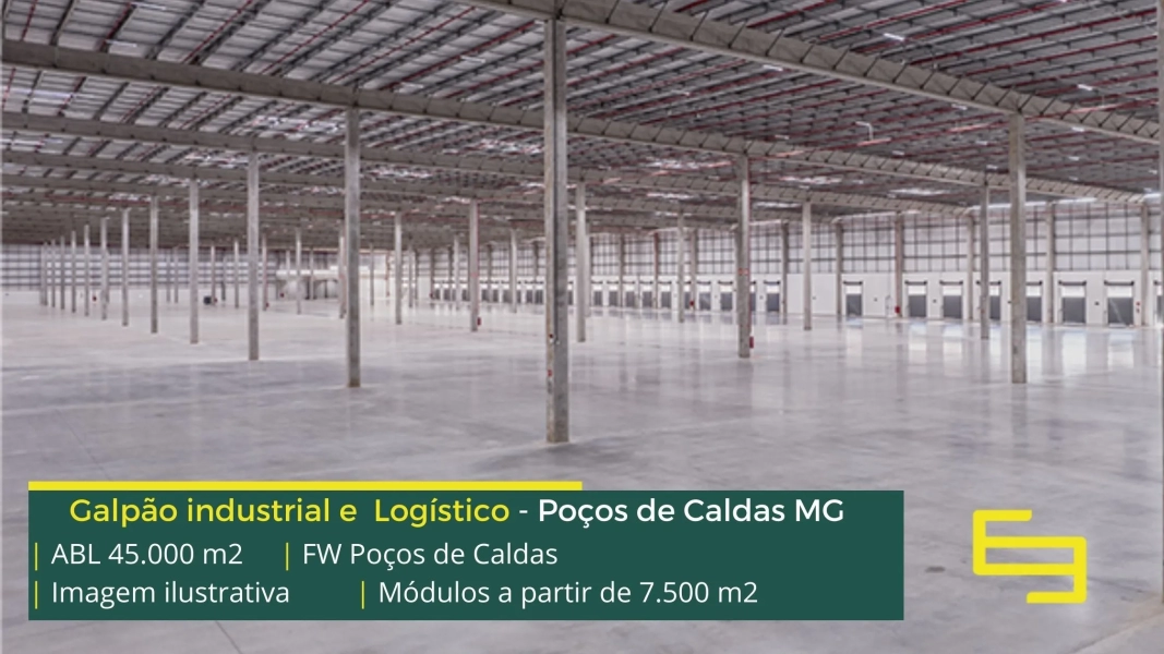 Aluguel de galpões em Poços de Caldas MG. FW Poços de Caldas. Condomínio logístico, com docas, altura 12 metros, portaria e segurança 24 hs