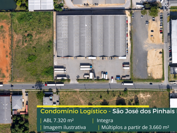 Condomínio Integra em São José dos Pinhais PR, com galpões de 3.660 m², pé-direito de 8 m, piso para 6 t/m², docas e amplos pátios de manobra.