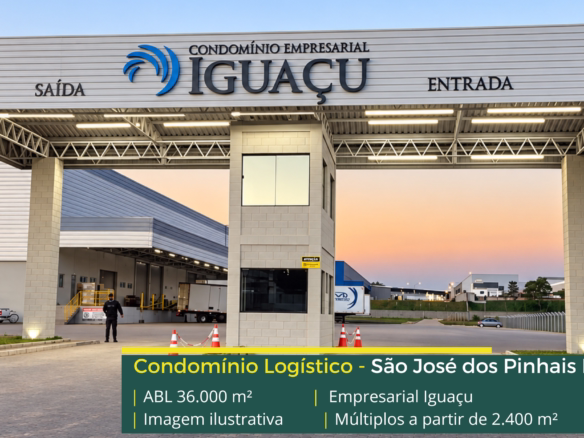 Condomínio Empresarial Iguaçu em São José dos Pinhais PR, com galpões a partir de 2.400 m², pé-direito de 12 m e docas elevadas.