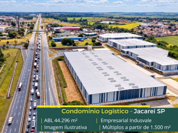 Indusvale Jacareí: galpão em Jacareí com módulos a partir de 1.500 m², pé-direito de 9 m, piso para 6 t/m² e docas.