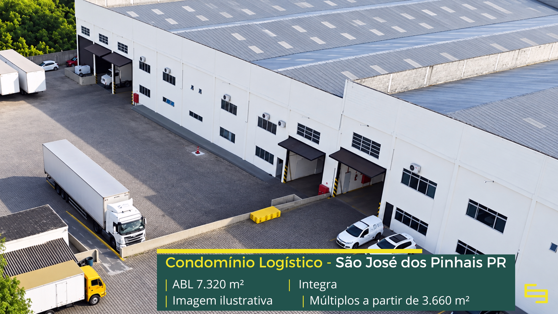 Condomínio Integra em São José dos Pinhais PR, com galpões de 3.660 m², pé-direito de 8 m, piso para 6 t/m², docas e amplos pátios de manobra.