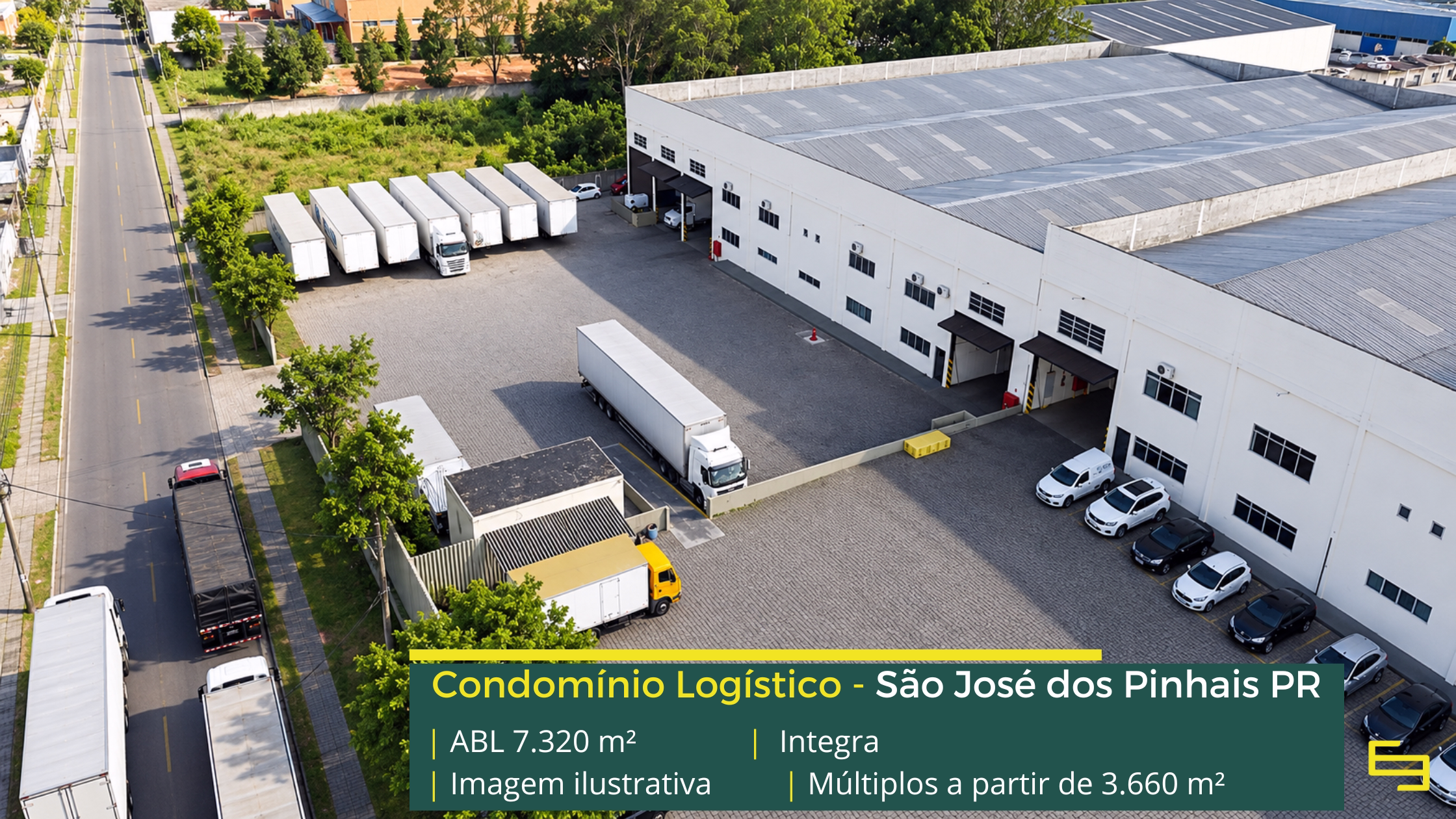 Condomínio Integra em São José dos Pinhais PR, com galpões de 3.660 m², pé-direito de 8 m, piso para 6 t/m², docas e amplos pátios de manobra.