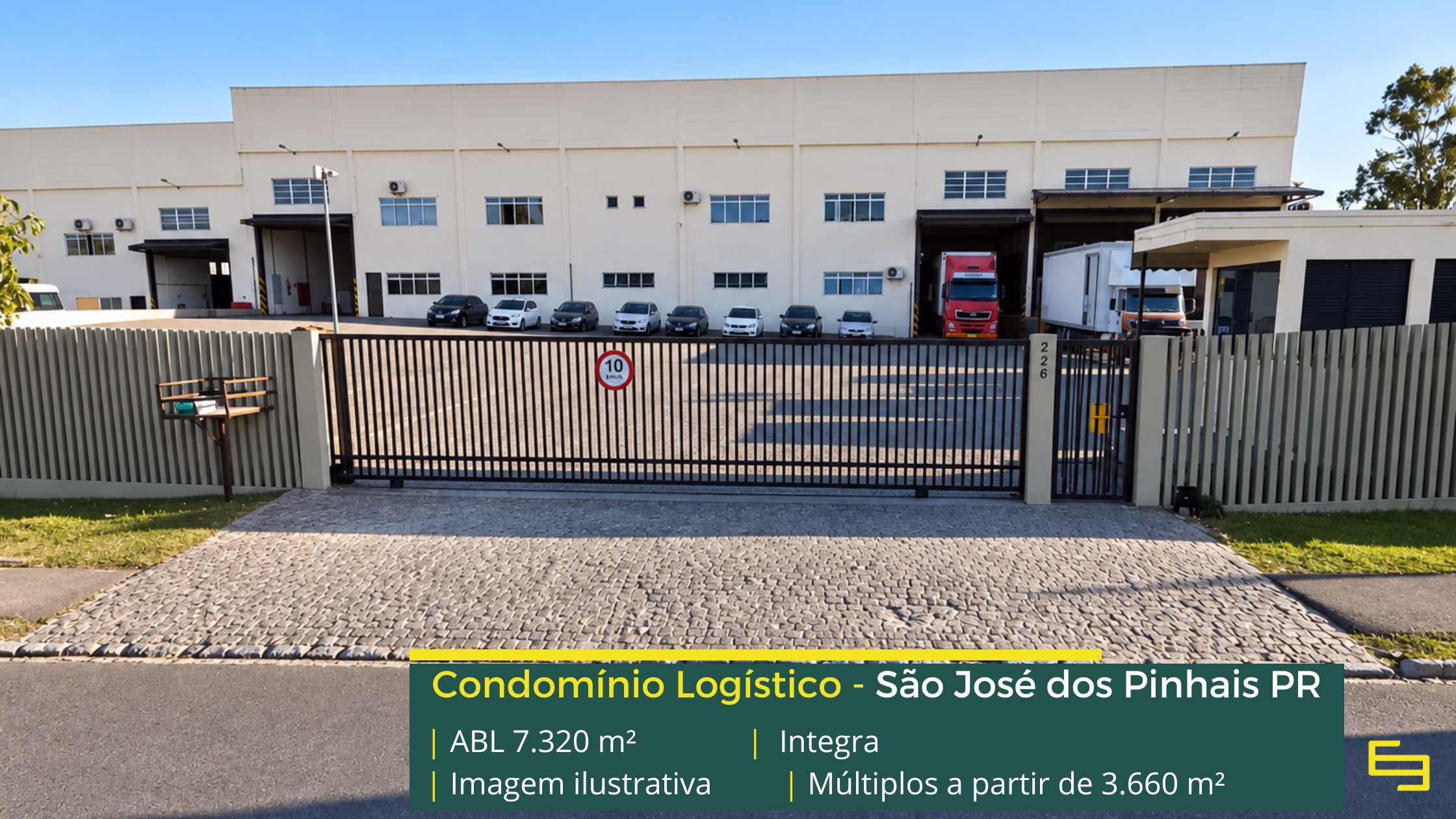 Condomínio Integra em São José dos Pinhais PR, com galpões de 3.660 m², pé-direito de 8 m, piso para 6 t/m², docas e amplos pátios de manobra.