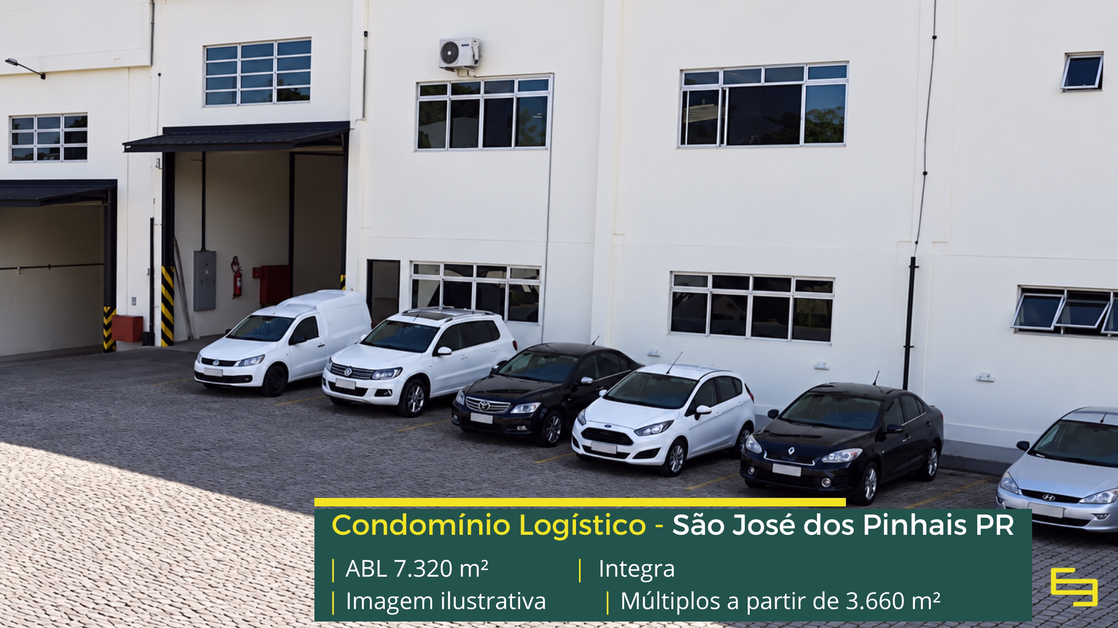 Condomínio Integra em São José dos Pinhais PR, com galpões de 3.660 m², pé-direito de 8 m, piso para 6 t/m², docas e amplos pátios de manobra.