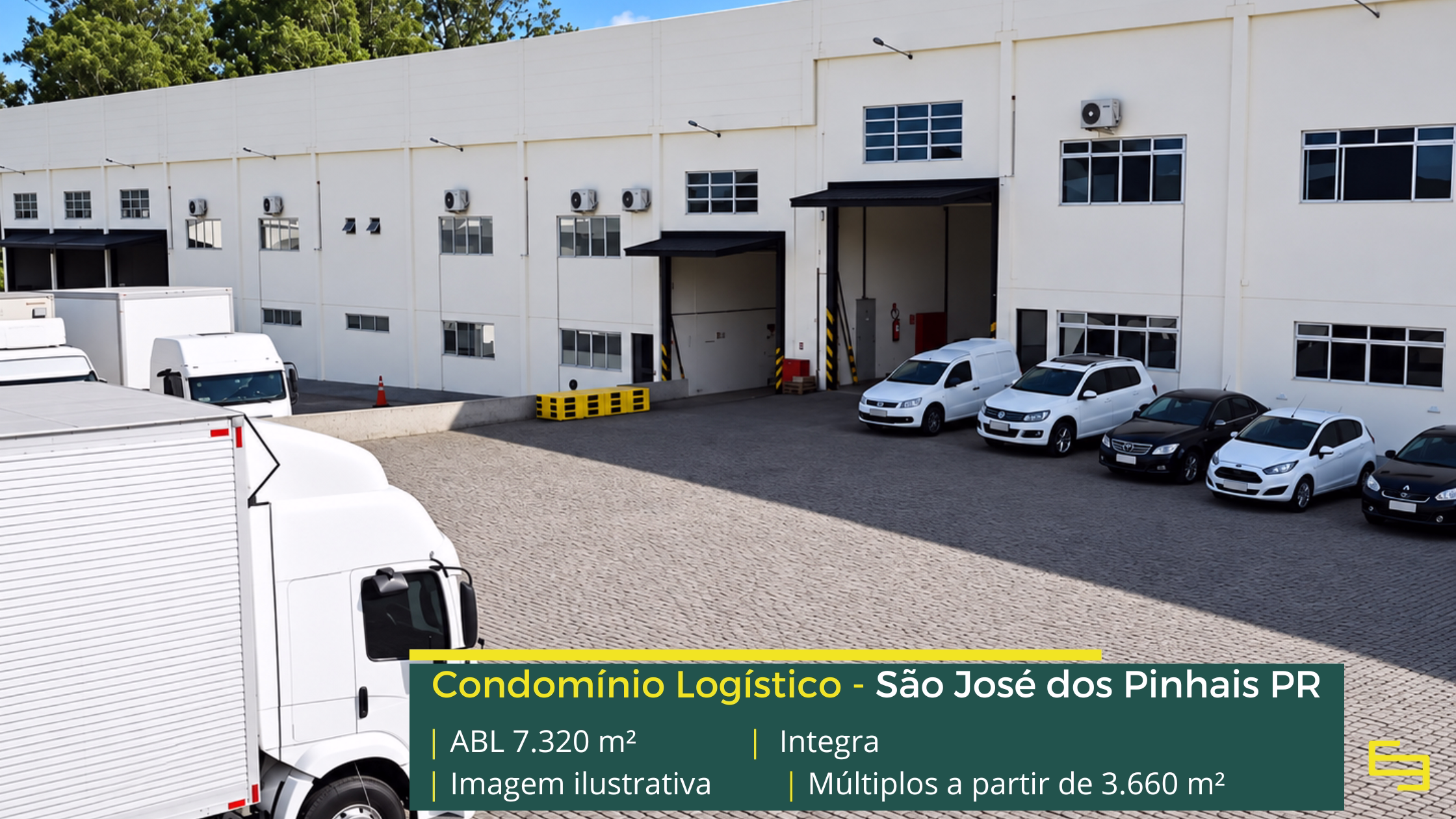 Condomínio Integra em São José dos Pinhais PR, com galpões de 3.660 m², pé-direito de 8 m, piso para 6 t/m², docas e amplos pátios de manobra.
