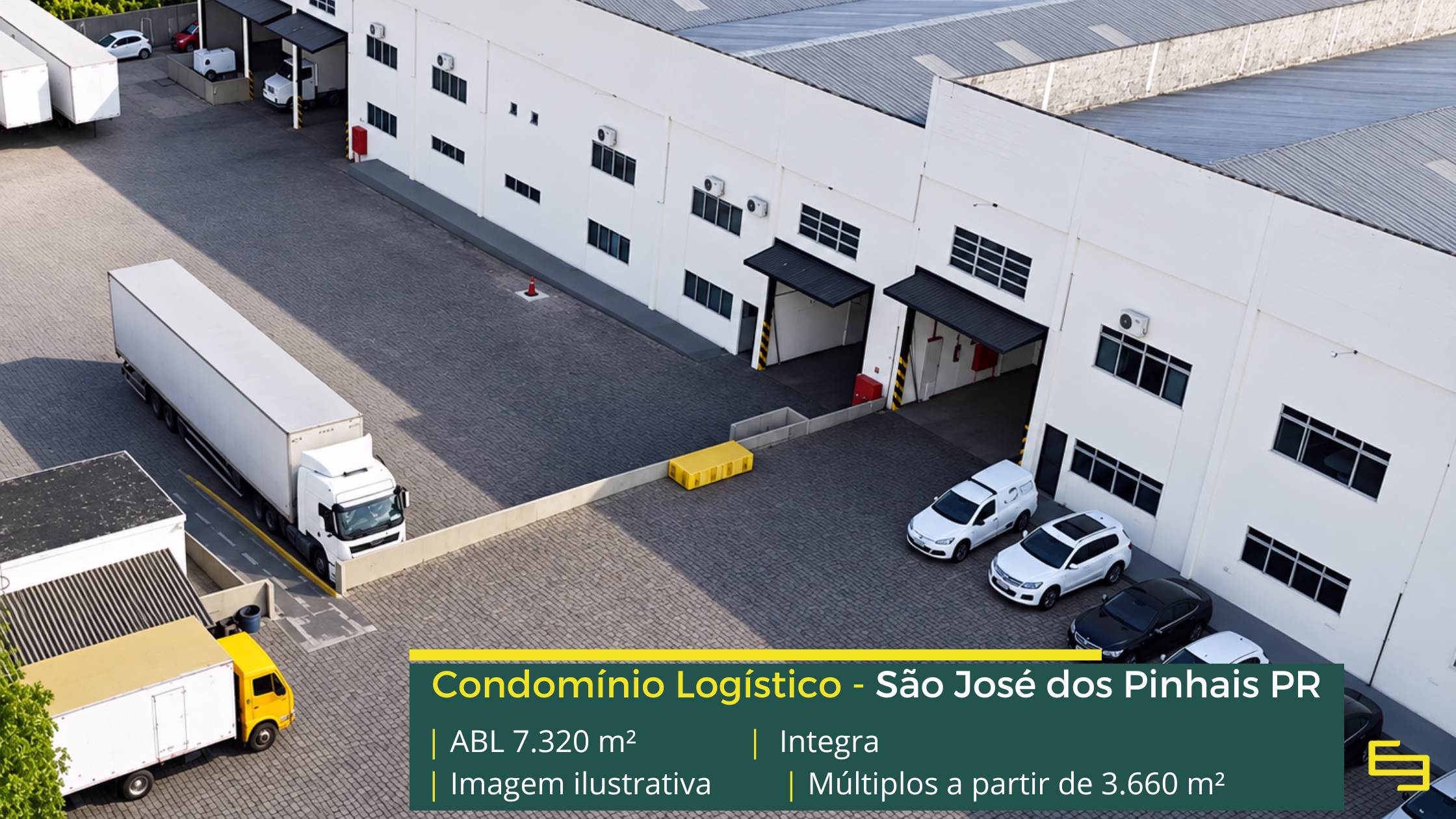 Condomínio Integra em São José dos Pinhais PR, com galpões de 3.660 m², pé-direito de 8 m, piso para 6 t/m², docas e amplos pátios de manobra.
