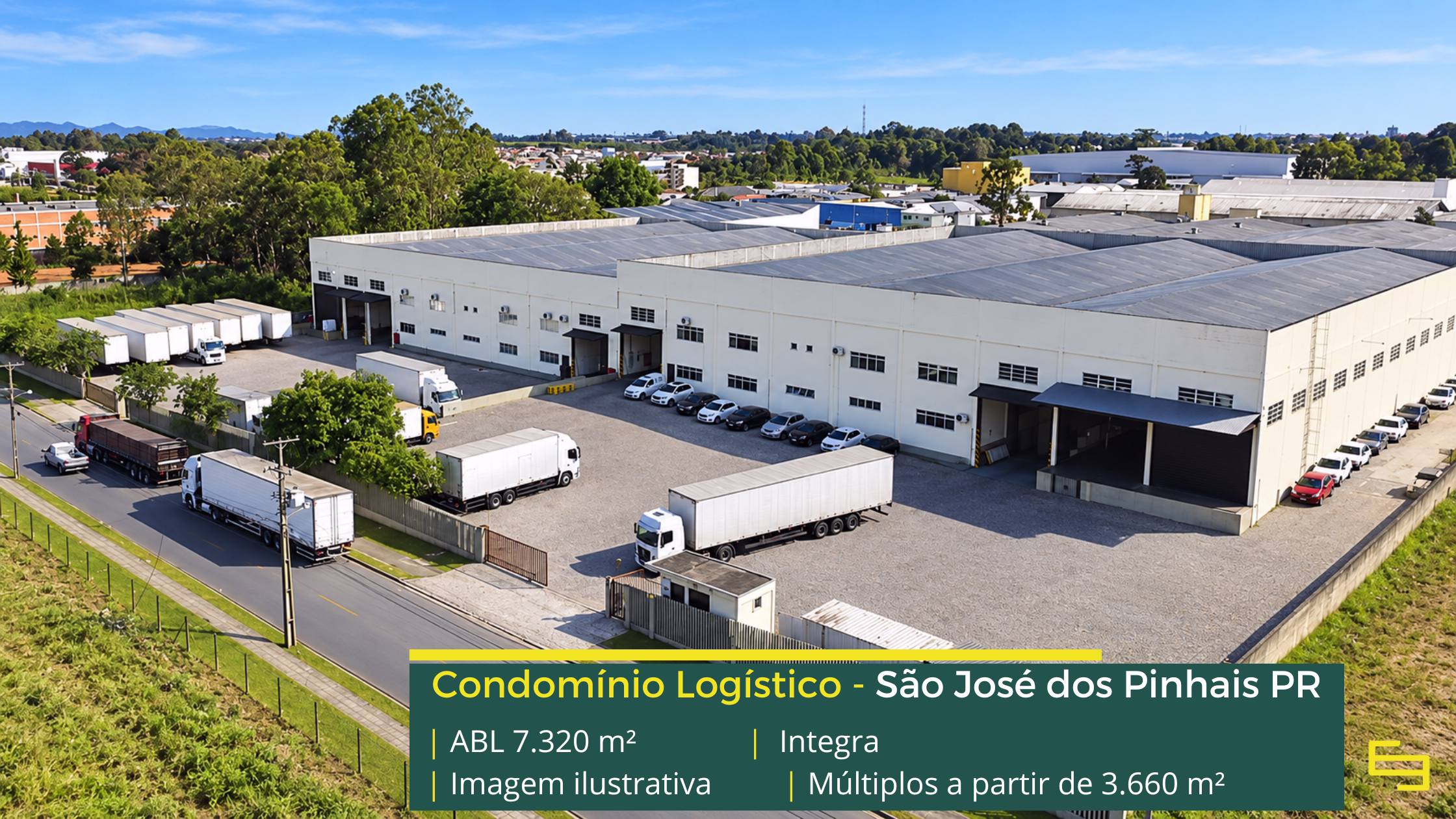 Condomínio Integra em São José dos Pinhais PR, com galpões de 3.660 m², pé-direito de 8 m, piso para 6 t/m², docas e amplos pátios de manobra.