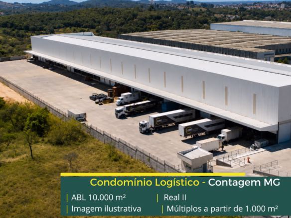 Locação de galpão em Contagem MG no Condomínio Real II, com módulos a partir de 1.000 m², excelente localização e infraestrutura logística.