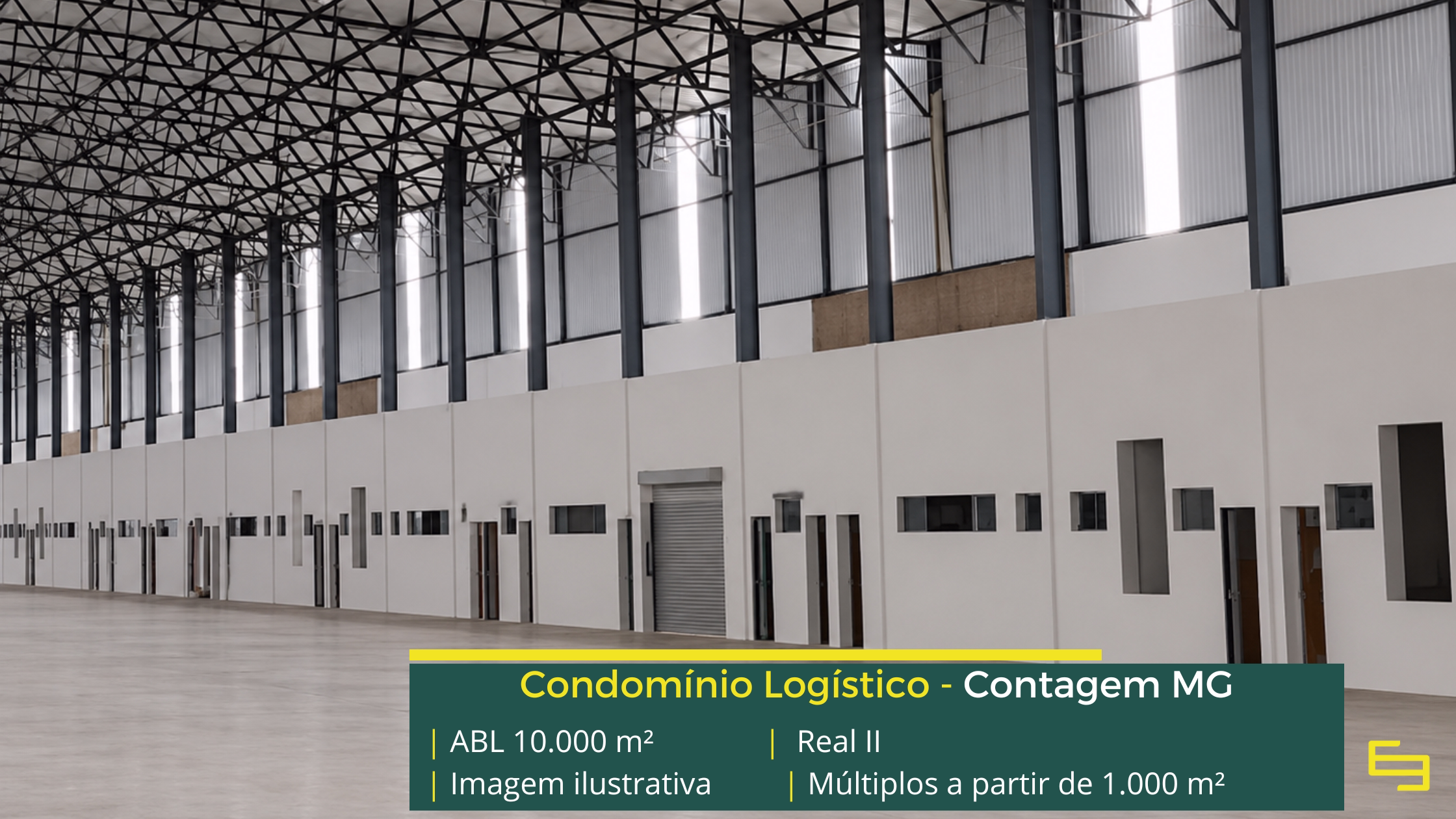 Locação de galpão em Contagem MG no Condomínio Real II, com módulos a partir de 1.000 m², excelente localização e infraestrutura logística.