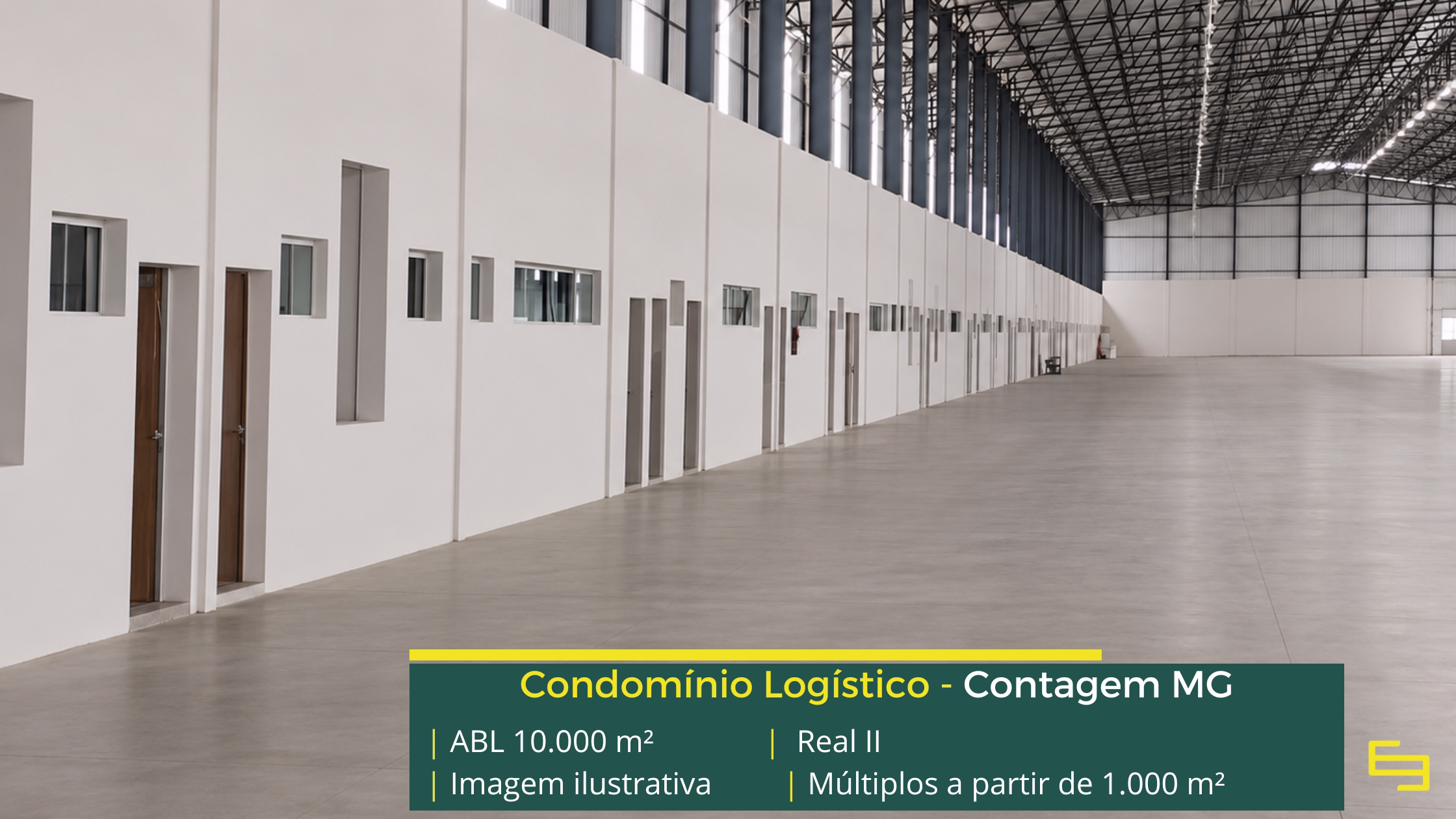 Locação de galpão em Contagem MG no Condomínio Real II, com módulos a partir de 1.000 m², excelente localização e infraestrutura logística.