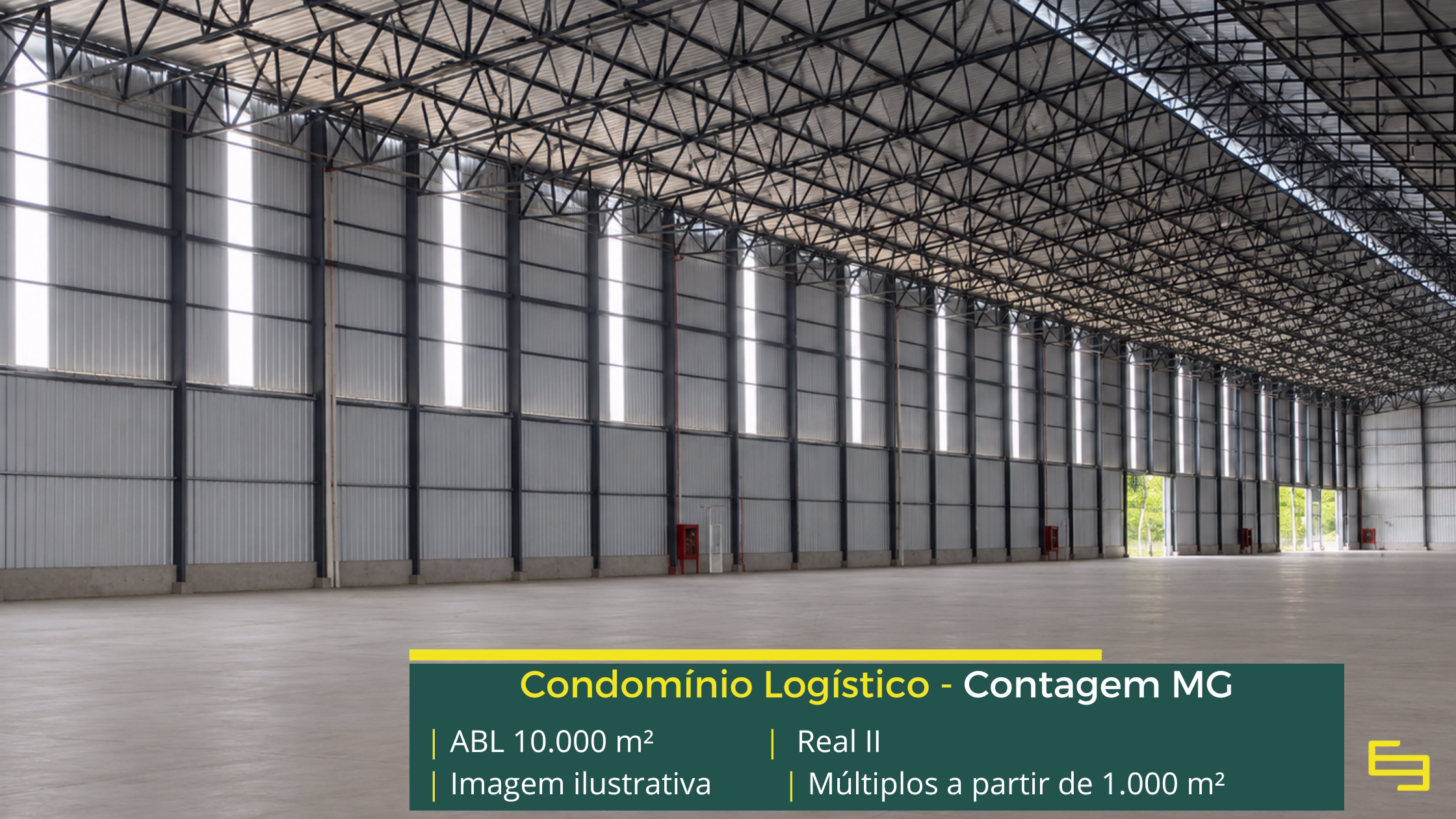 Locação de galpão em Contagem MG no Condomínio Real II, com módulos a partir de 1.000 m², excelente localização e infraestrutura logística.