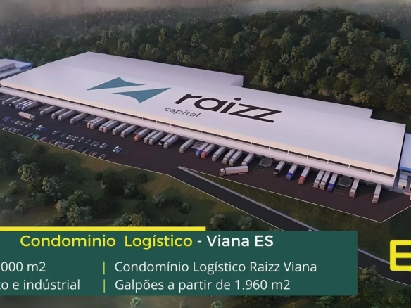 Galpão para alugar em Viana ES - Raizz Viana. Aluguel de galpão logístico com docas, piso industrial, altura de 12 metros. Portaria 24 hs