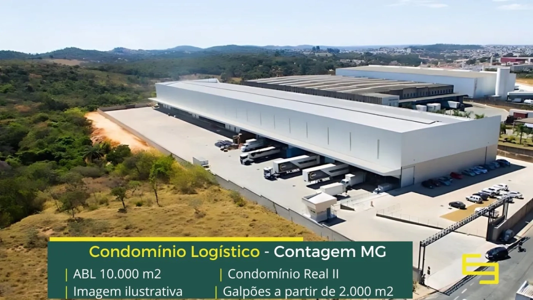 Locação de galpão em Contagem MG - Condomínio Real II. Aluguel de galpões a partir de 1000 m2, com docas, piso industrial, altura 12 metros