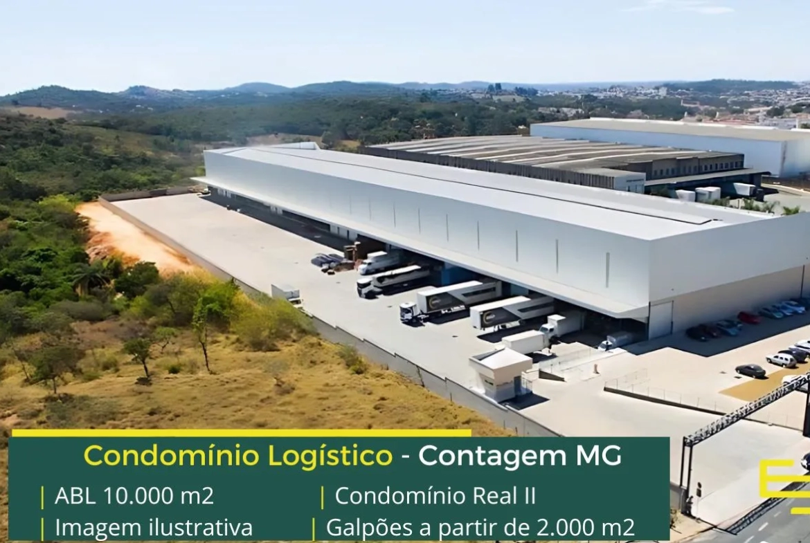 Locação de galpão em Contagem MG - Condomínio Real II. Aluguel de galpões em Contagem a partir de 1000 m2, com docas, piso industrial, CFTV