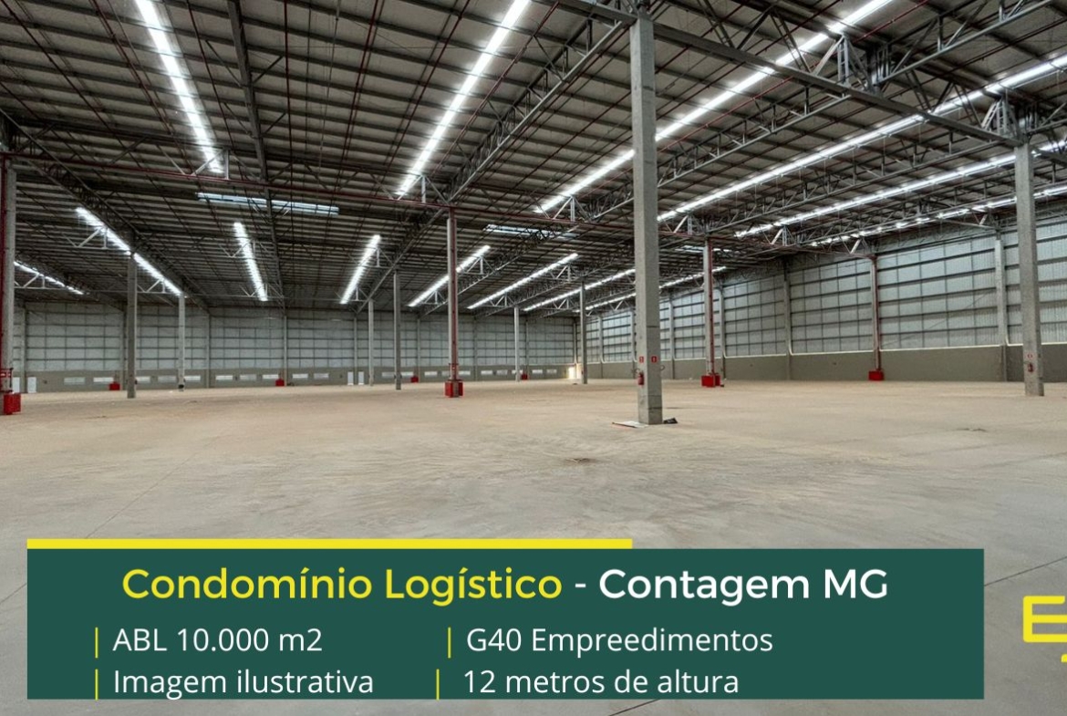 Galpão logístico para locação em Contagem MG. G40 . Aluguel de galpões com docas, altura de 12 metros, piso industrial. Portaria 24 horas.
