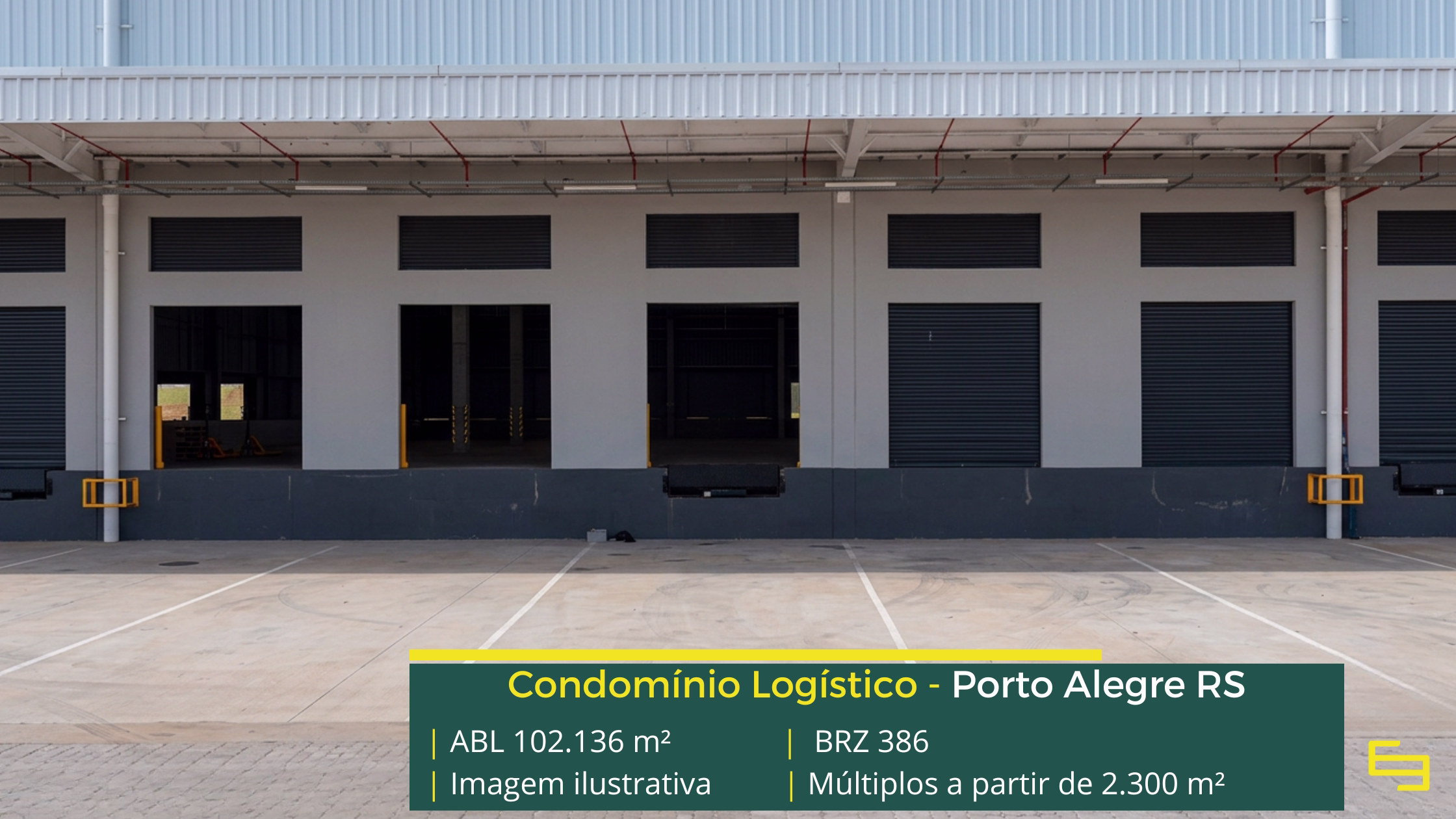 Galpão para alugar em Porto Alegre RS - Condomínio BRZ386. Com docas para carga e descarga, pátio de manobras, portaria e segurança 24 horas