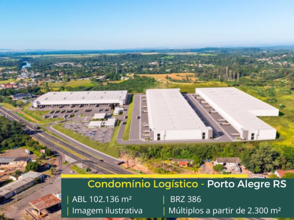 Galpão para alugar em Porto Alegre RS - Condomínio BRZ386. Com docas para carga e descarga, pátio de manobras, portaria e segurança 24 horas