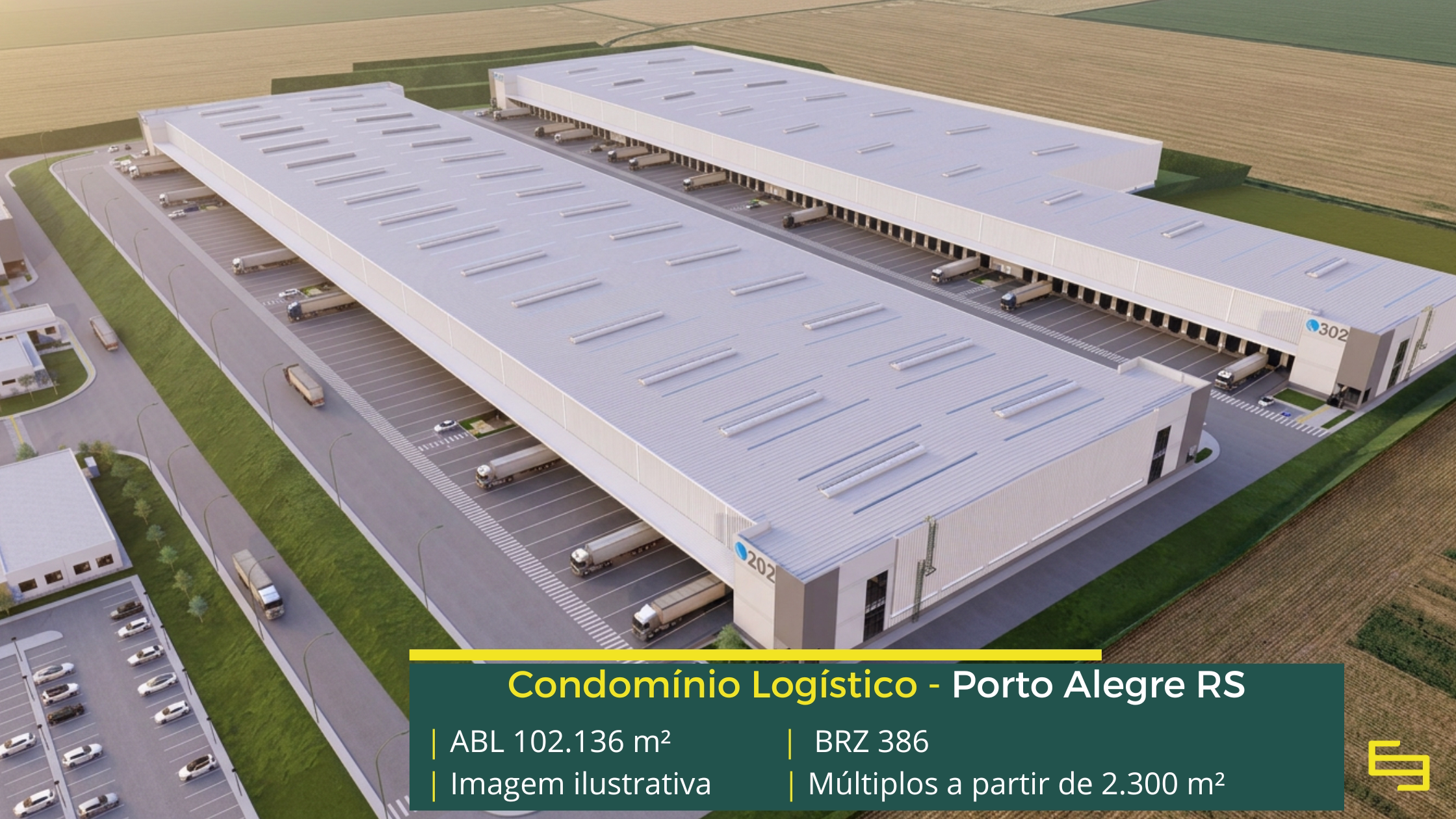Galpão para alugar em Porto Alegre RS - Condomínio BRZ386. Com docas para carga e descarga, pátio de manobras, portaria e segurança 24 horas