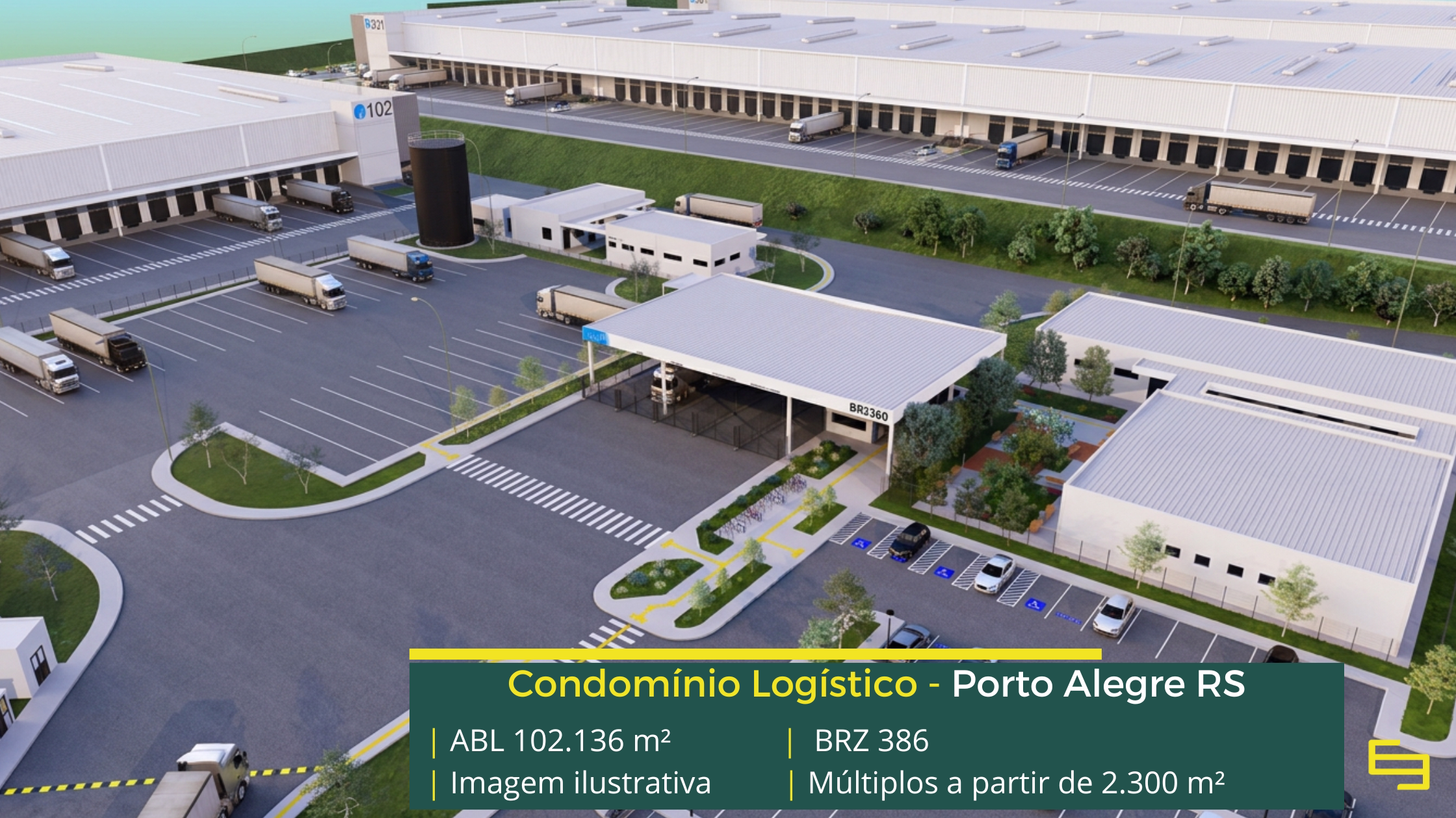 Galpão para alugar em Porto Alegre RS - Condomínio BRZ386. Com docas para carga e descarga, pátio de manobras, portaria e segurança 24 horas