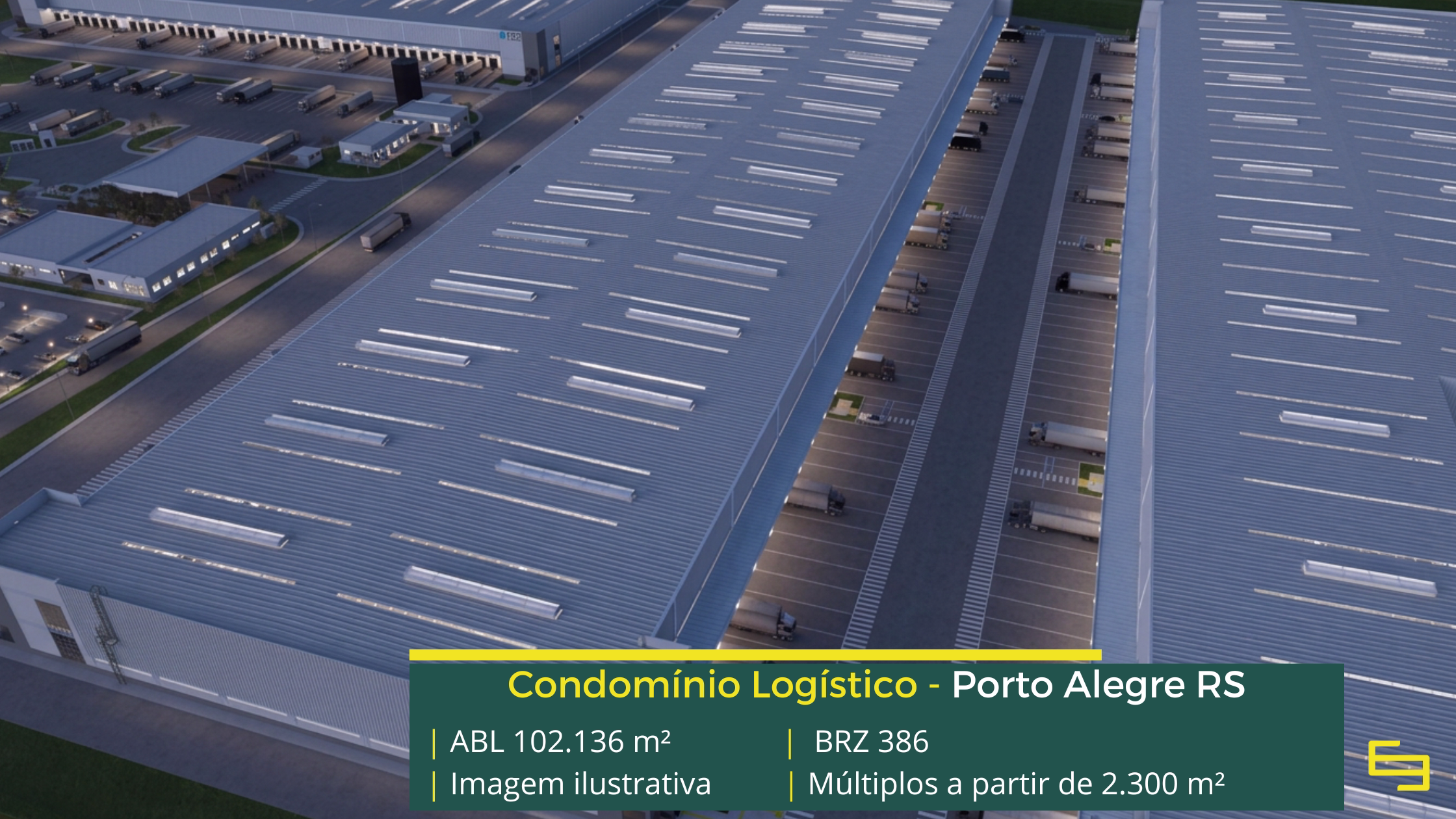 Galpão para alugar em Porto Alegre RS - Condomínio BRZ386. Com docas para carga e descarga, pátio de manobras, portaria e segurança 24 horas