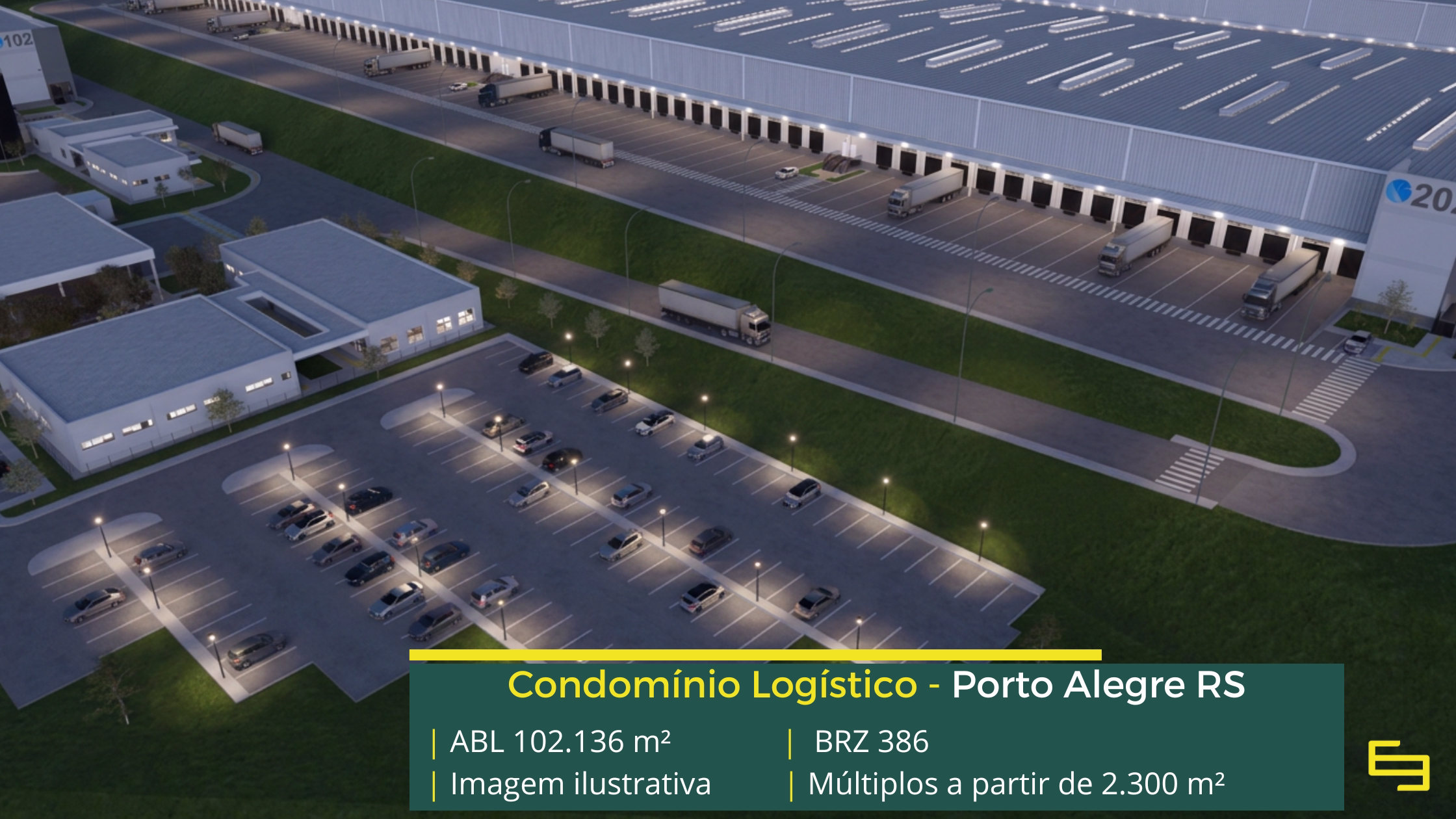 Galpão para alugar em Porto Alegre RS - Condomínio BRZ386. Com docas para carga e descarga, pátio de manobras, portaria e segurança 24 horas