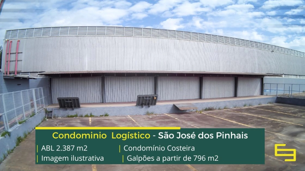 Galpão logístico em São José dos Pinhais - Condomínio Costeiro. Aluguel de galpões com docas, piso industrial, pátio e portaria 24 horas