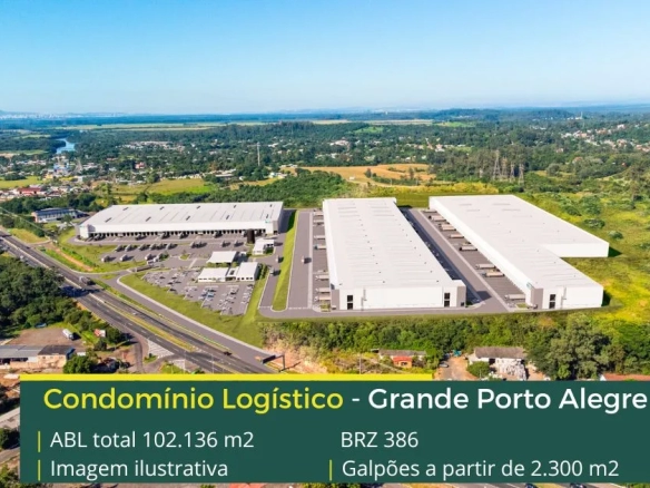 Galpão para alugar em Porto Alegre RS - Condomínio BRZ386. Com docas para carga e descarga, pátio de manobras, portaria e segurança 24 horas