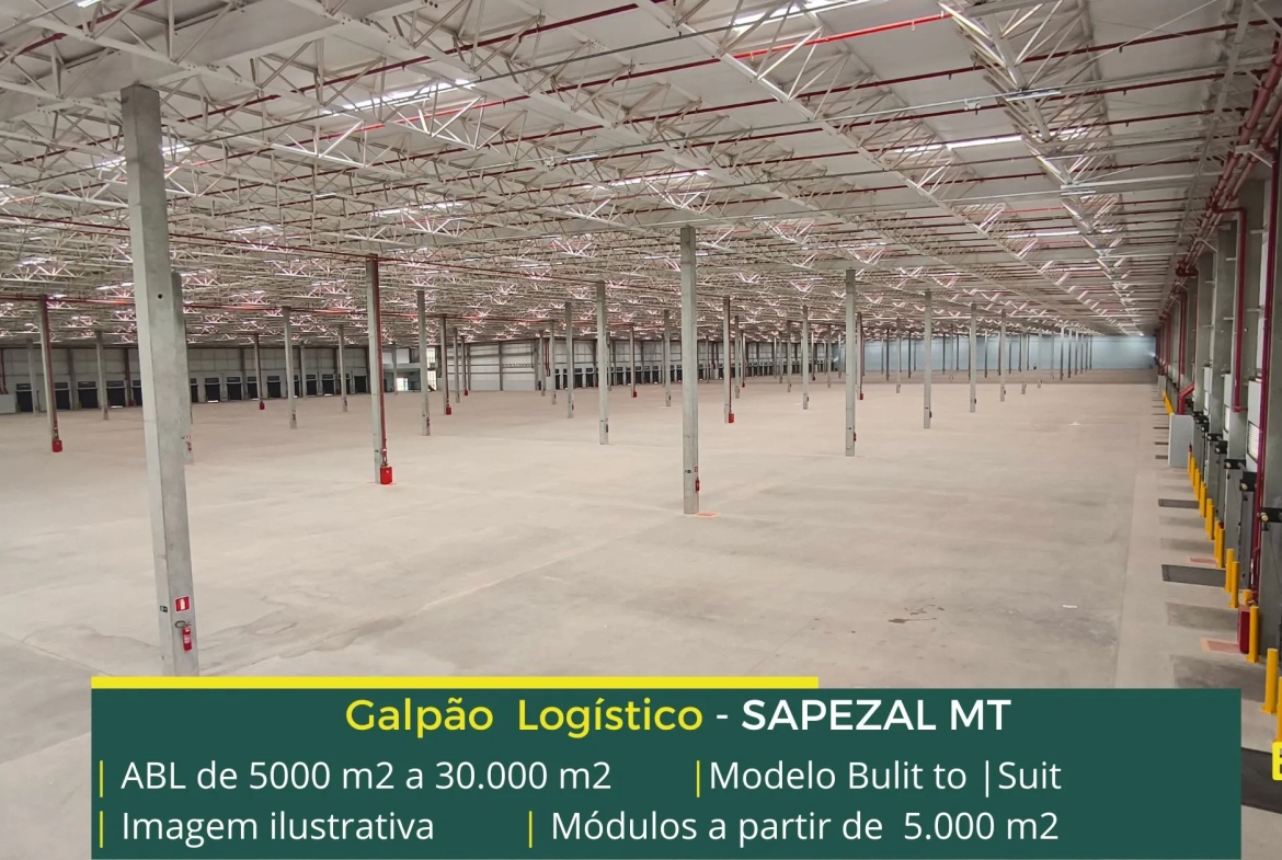 Galpão para alugar em Sapezal MT através de built to suit, com docas, pátio, possibilidade de câmaras frias e instalação de porta paletes
