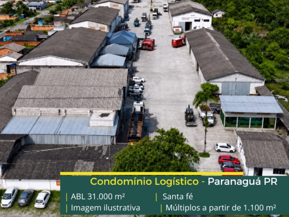 Condomínio Santa Fé Paranaguá com 31.000 m² de ABL, galpões a partir de 1.100 m², pé-direito de 7 m e estrutura logística completa.