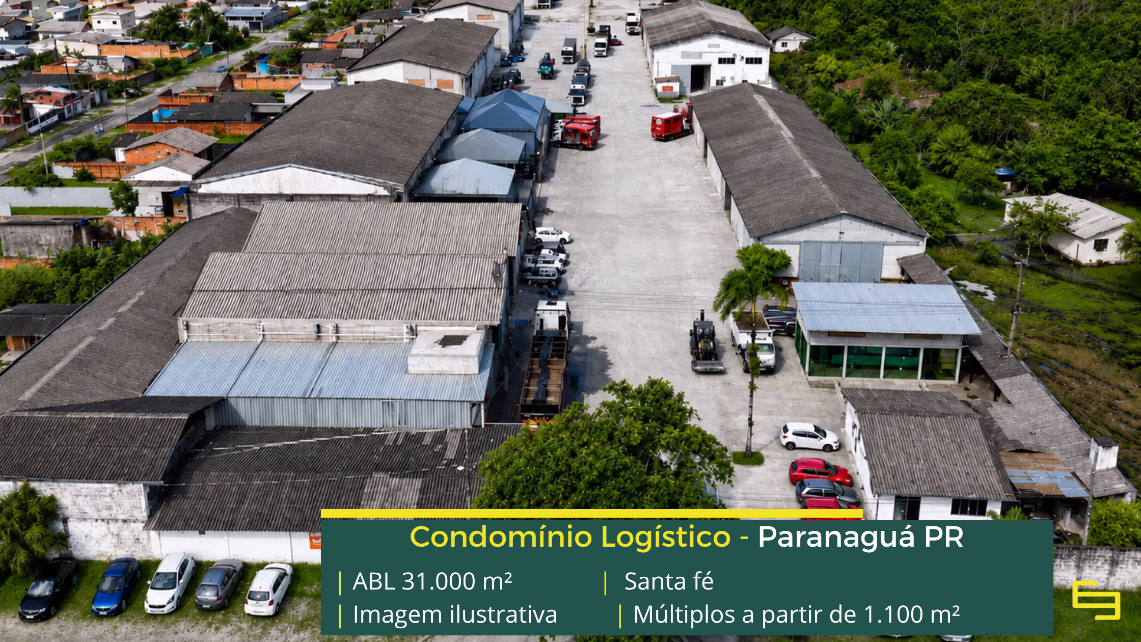 Condomínio Santa Fé Paranaguá com 31.000 m² de ABL, galpões a partir de 1.100 m², pé-direito de 7 m e estrutura logística completa.