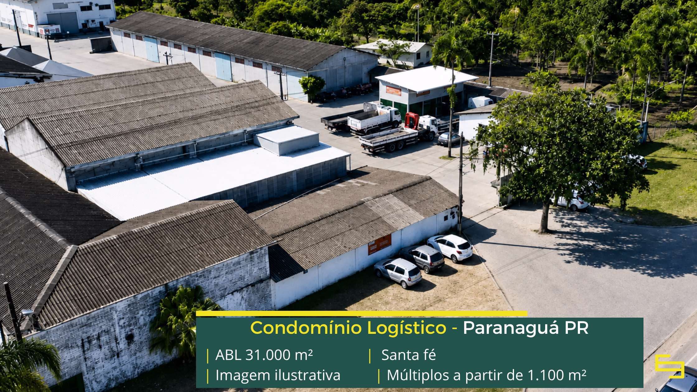 Condomínio Santa Fé Paranaguá com 31.000 m² de ABL, galpões a partir de 1.100 m², pé-direito de 7 m e estrutura logística completa.